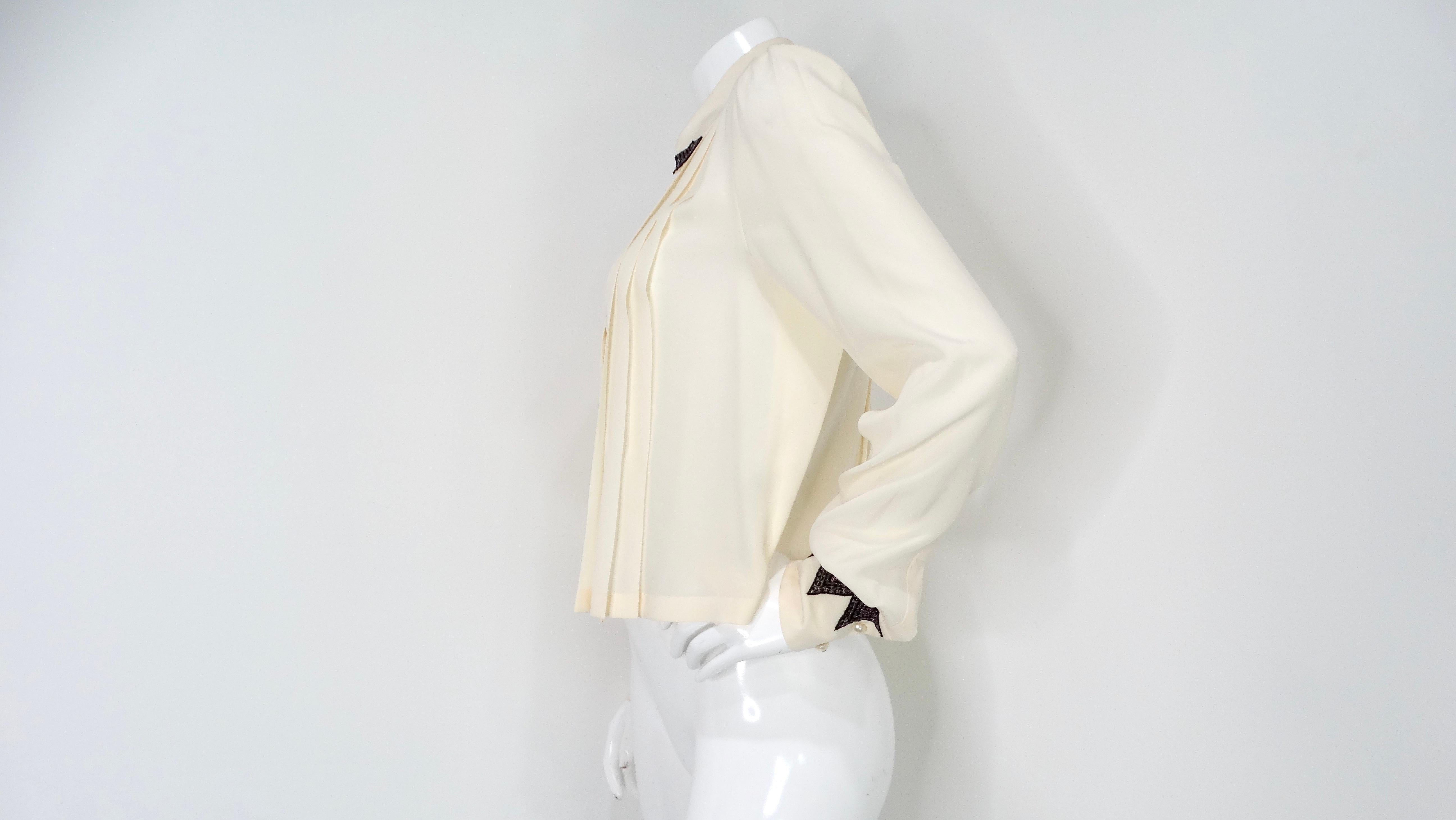 Women's Chanel Pleated Cream Silk Blouse With Beaded Lace Accents circa 2002 For Sale