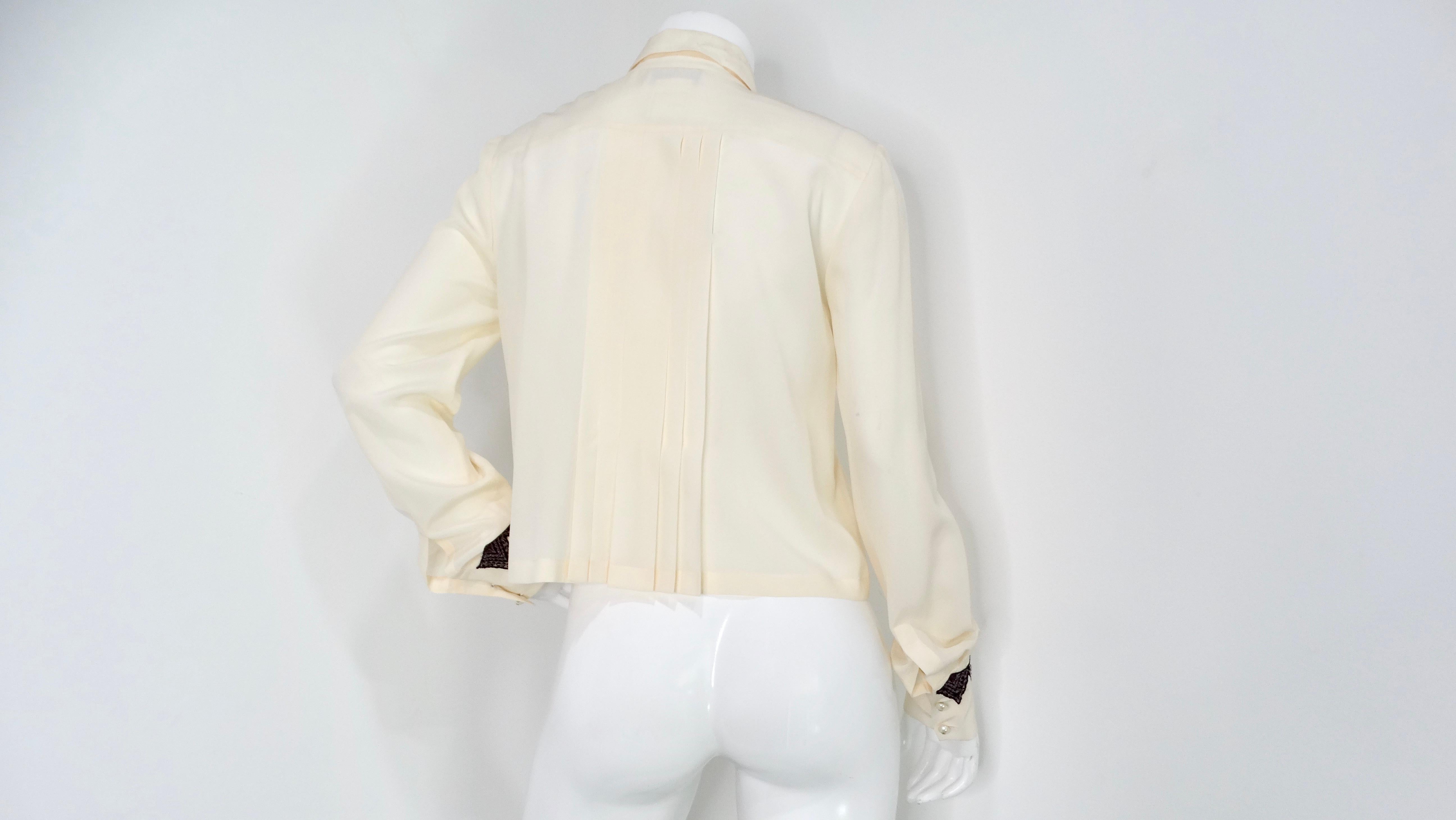 Chanel Pleated Cream Silk Blouse With Beaded Lace Accents circa 2002 For Sale 1