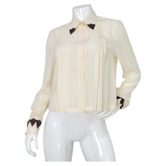 Chanel Pleated Cream Silk Blouse With Beaded Lace Accents circa 2002