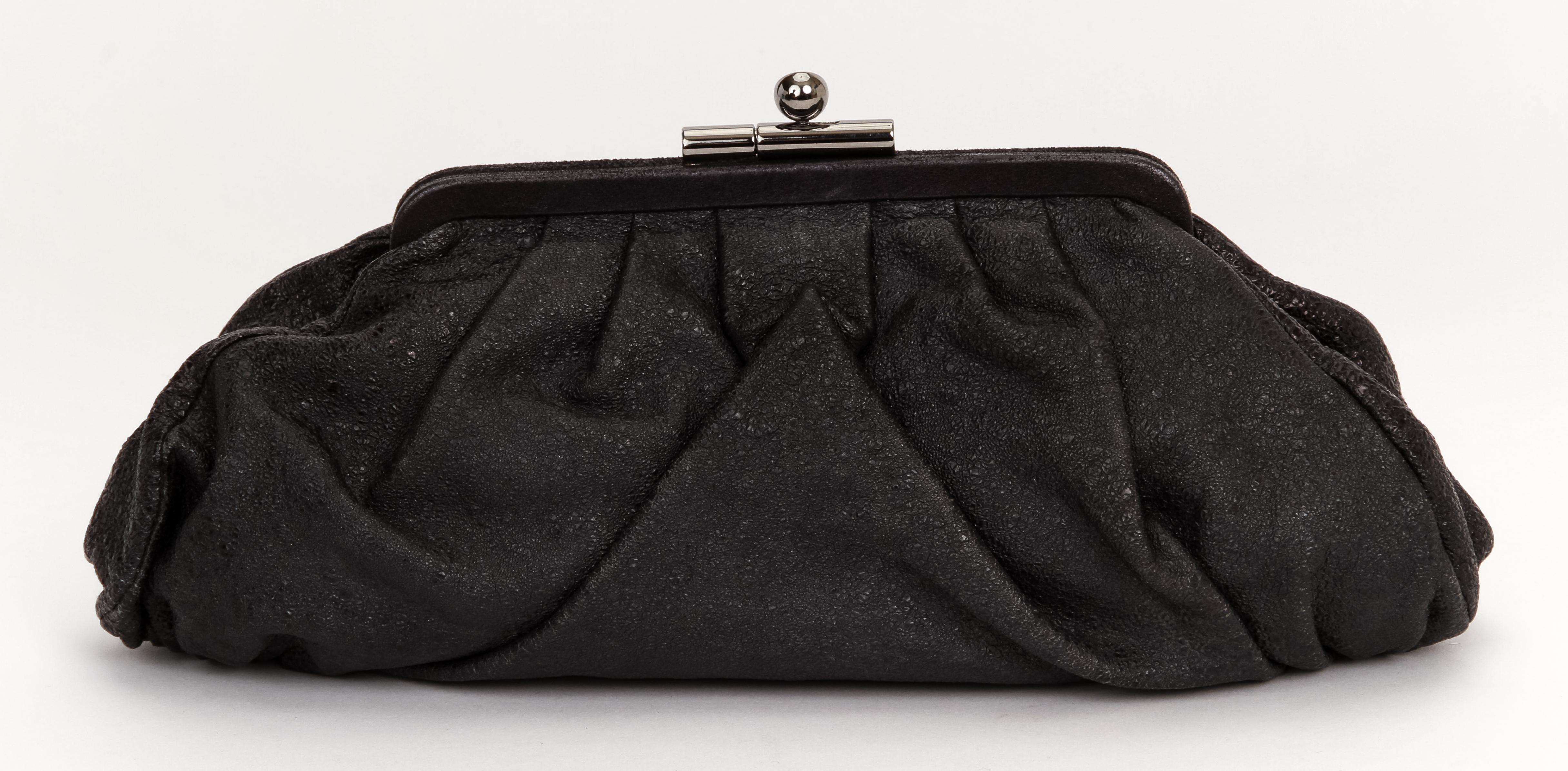 Black Chanel Pleated Glazed Leather Clutch For Sale