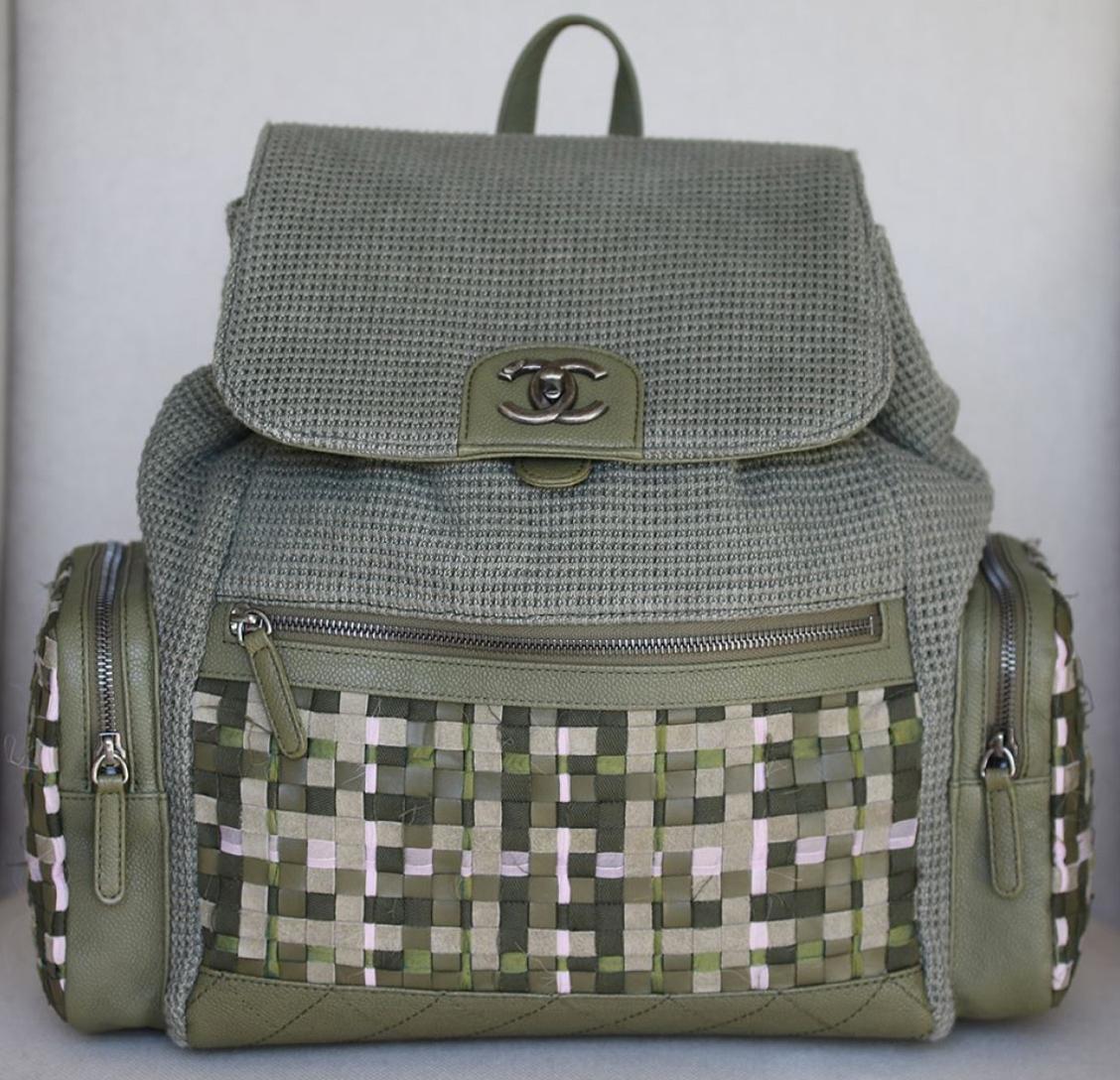 Chanel 2017 Cruise Collection Limited Edition Runway Coco Cuba woven canvas and tweed backpack. Green and pink woven patchwork detail. Chanel Canvas Twist backpack with antiqued silver-tone hardware, green lambskin leather trim, leather top handle