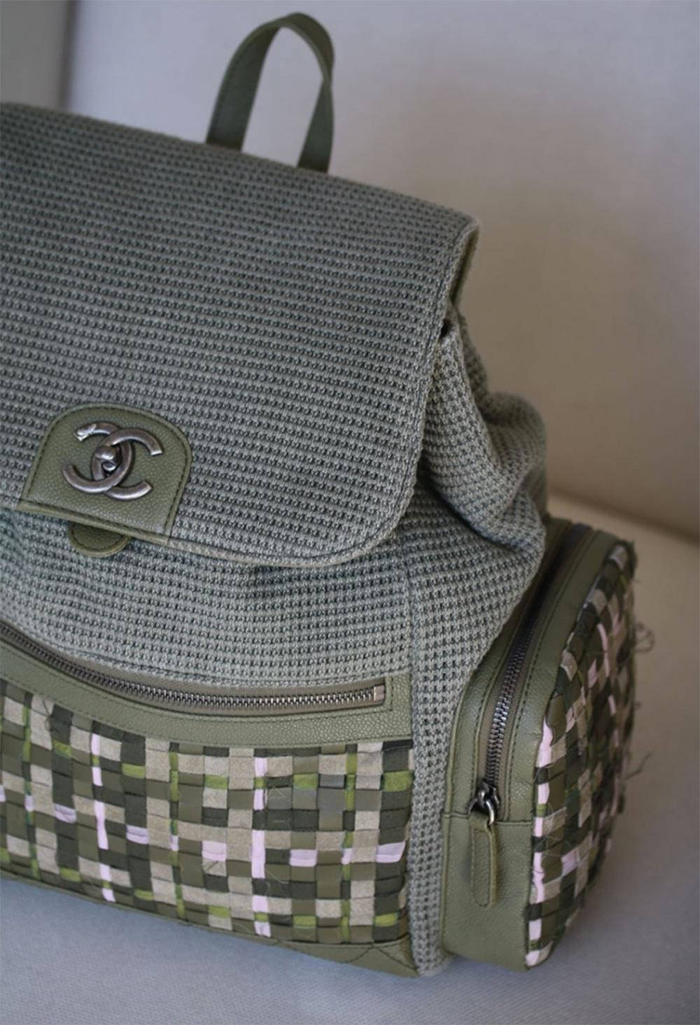 Brown Chanel Pocket Backpack Bag in Woven Tweed and Canvas 