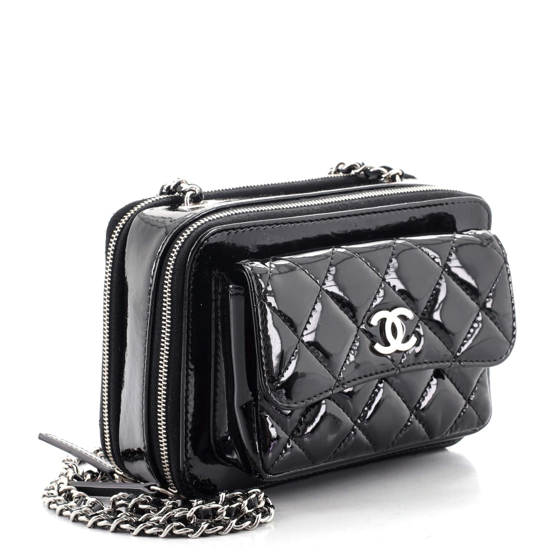 Black Chanel Pocket Box Camera Case Quilted Patent Mini