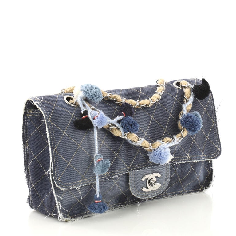 Chanel Pom Pom Cc Flap Bag Printed Denim Medium At 1stdibs Chanel Pom Pom Bag