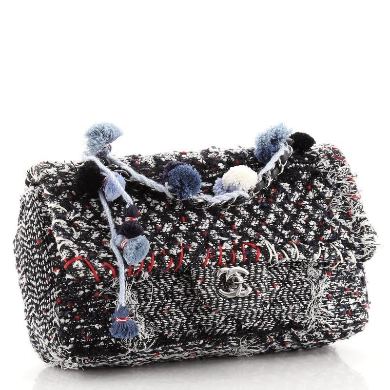 Black Chanel Pom Pom CC Flap Bag Quilted Tweed Medium