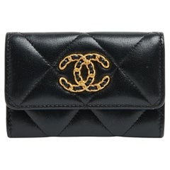 Chanel Porte Carte a Rabat Cuir Noir 19 Black Leather Single Flap Card Holder