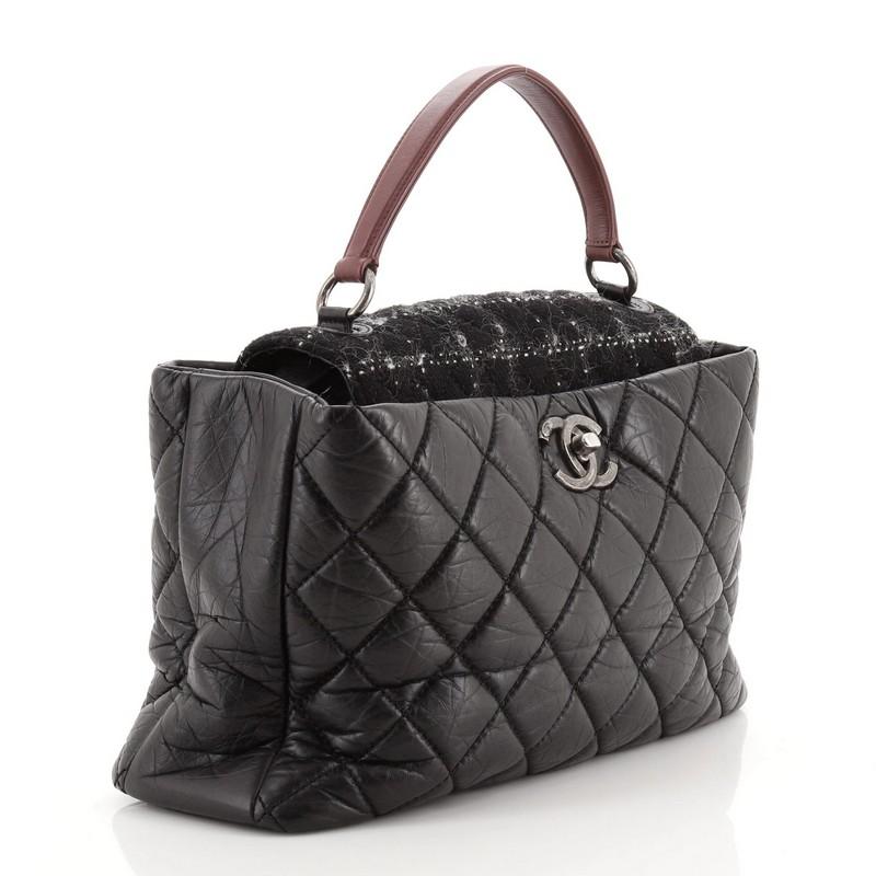 Black Chanel Portobello Top Handle Bag Quilted Aged Calfskin and Tweed Large