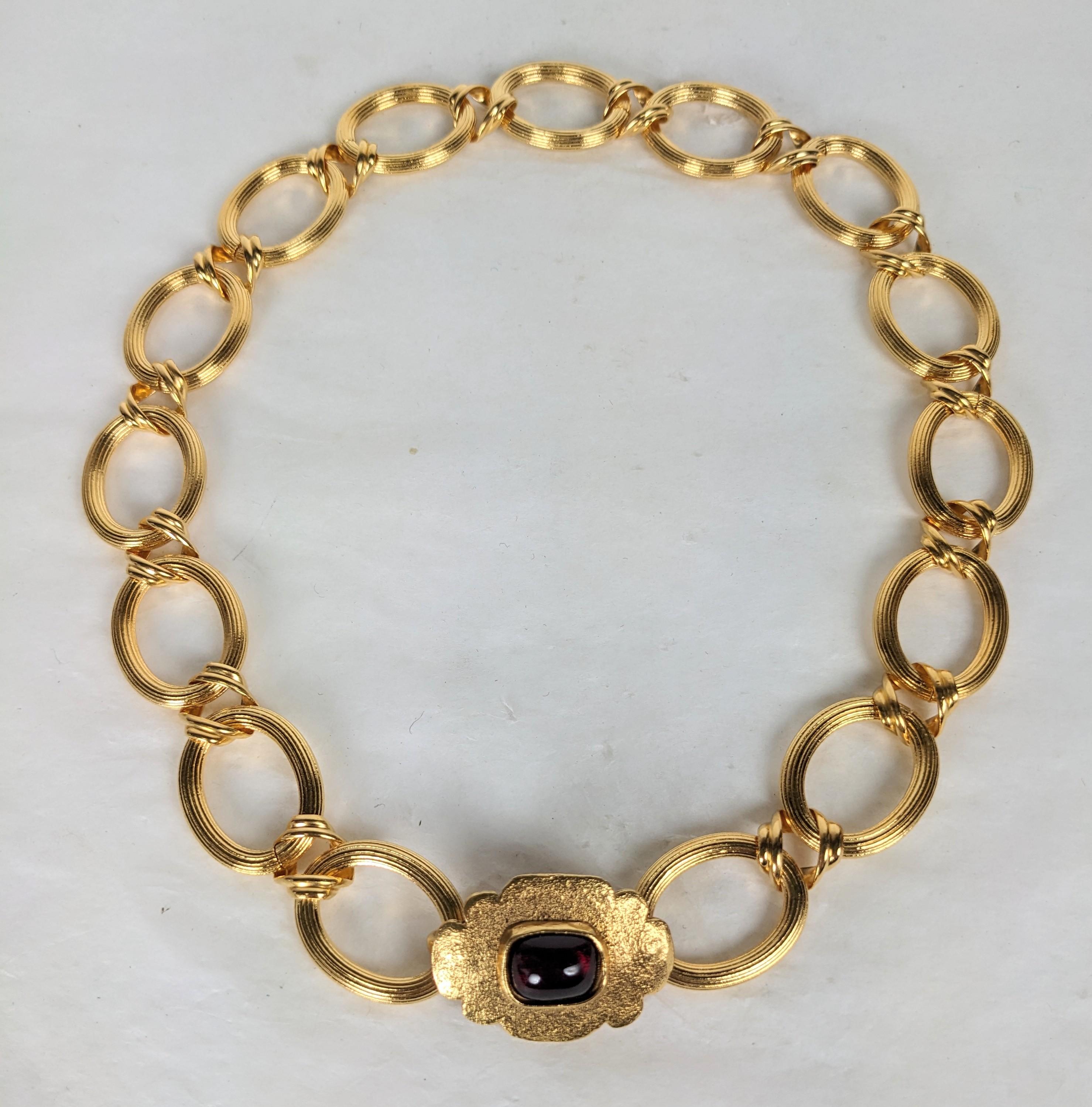 Chanel Poured Glass Cabochon Ribbed Gold Chain Link Necklace from the 1990's by Maison Goossens. Unsigned runway sample. Byzantine Clasp 1.25