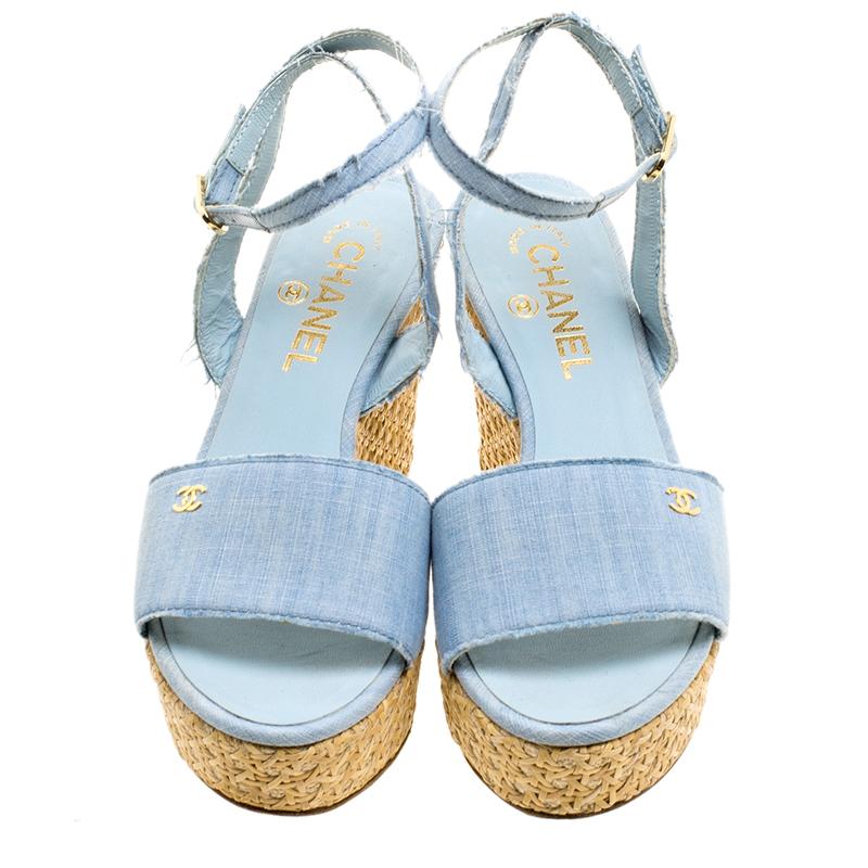 Chanel Powder Blue Canvas CC Wedge Sandals Size 36 For Sale at 1stDibs