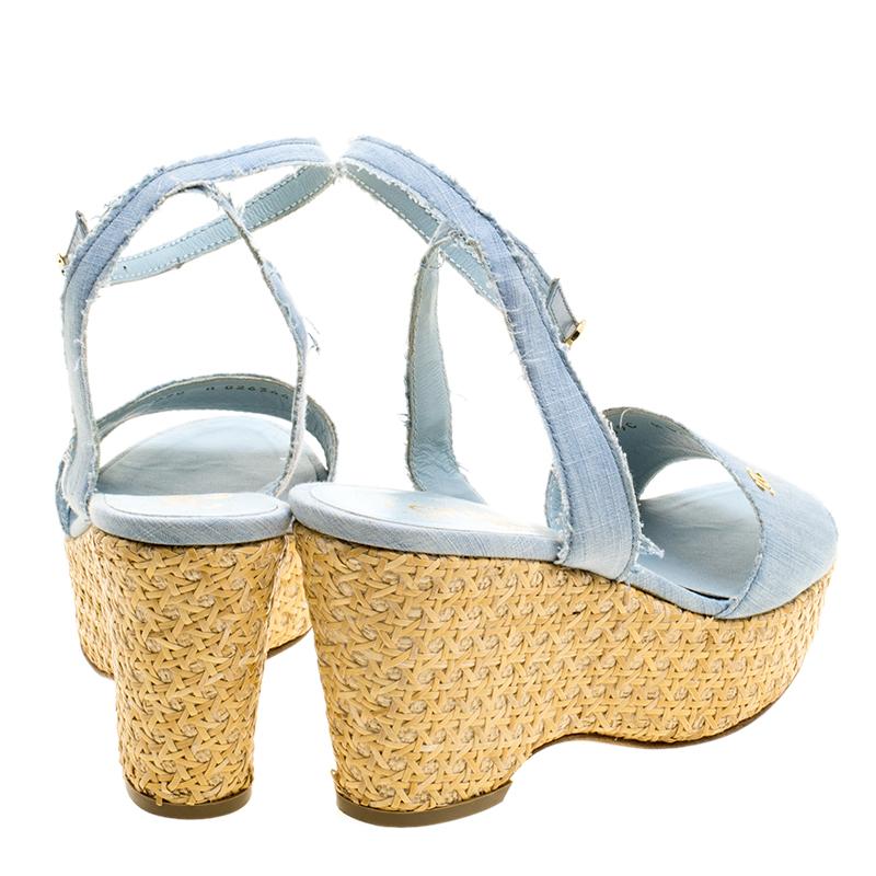 Chanel Powder Blue Canvas CC Wedge Sandals Size 36 For Sale at 1stDibs