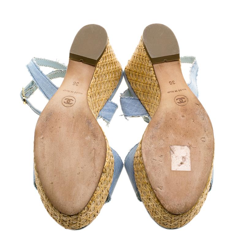 Chanel Powder Blue Canvas CC Wedge Sandals Size 36 For Sale at 1stDibs