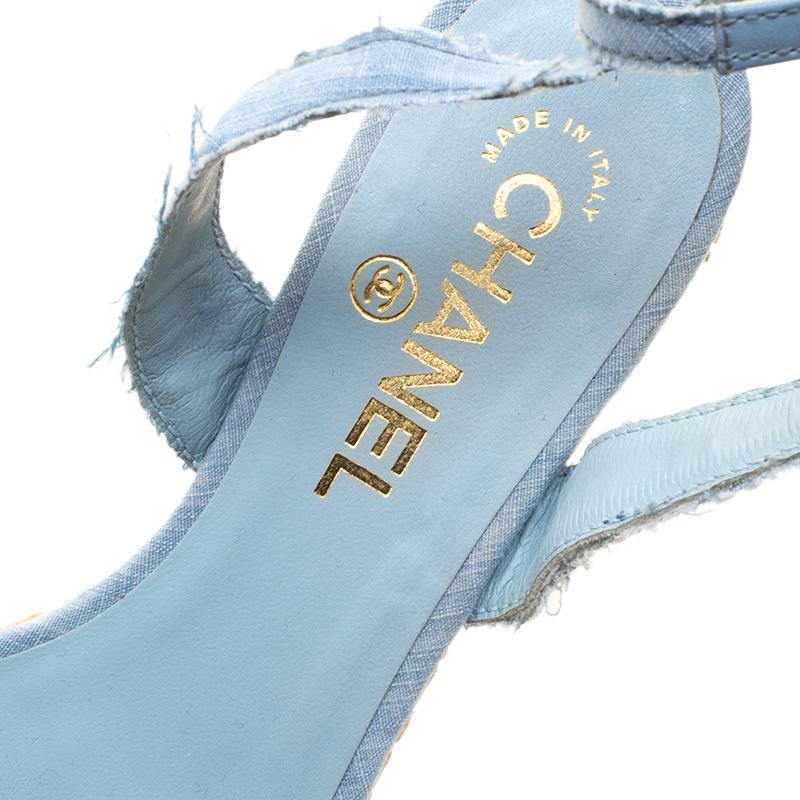 Chanel Powder Blue Canvas CC Wedge Sandals Size 36 For Sale at 1stDibs