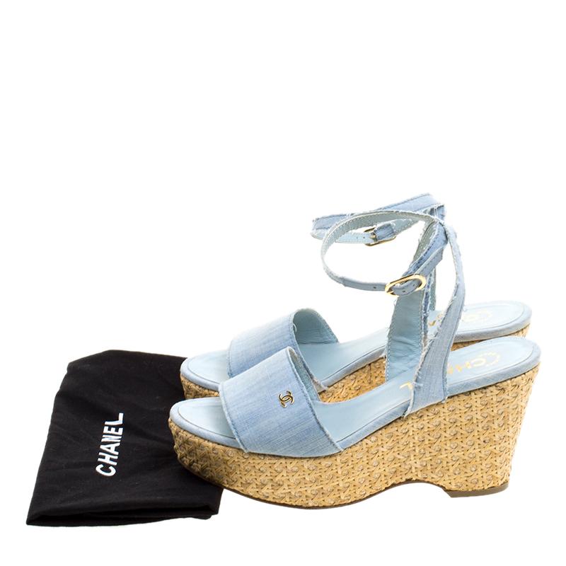 Chanel Powder Blue Canvas CC Wedge Sandals Size 36 For Sale at 1stDibs