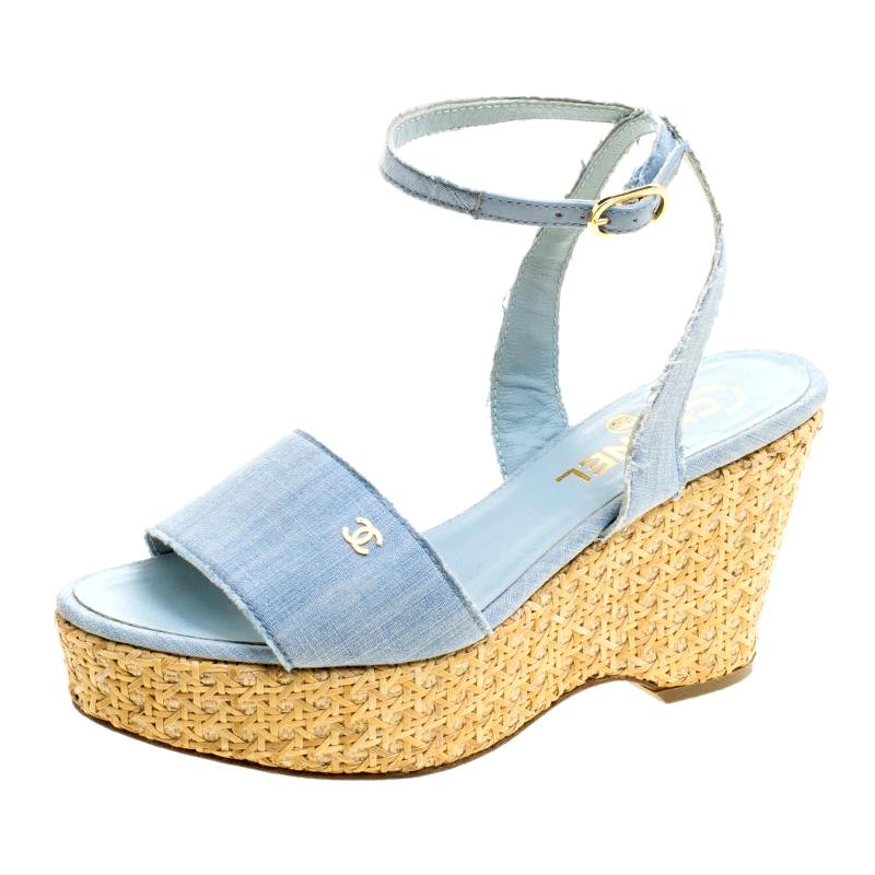 Chanel Powder Blue Canvas CC Wedge Sandals Size 36 For Sale at 1stDibs