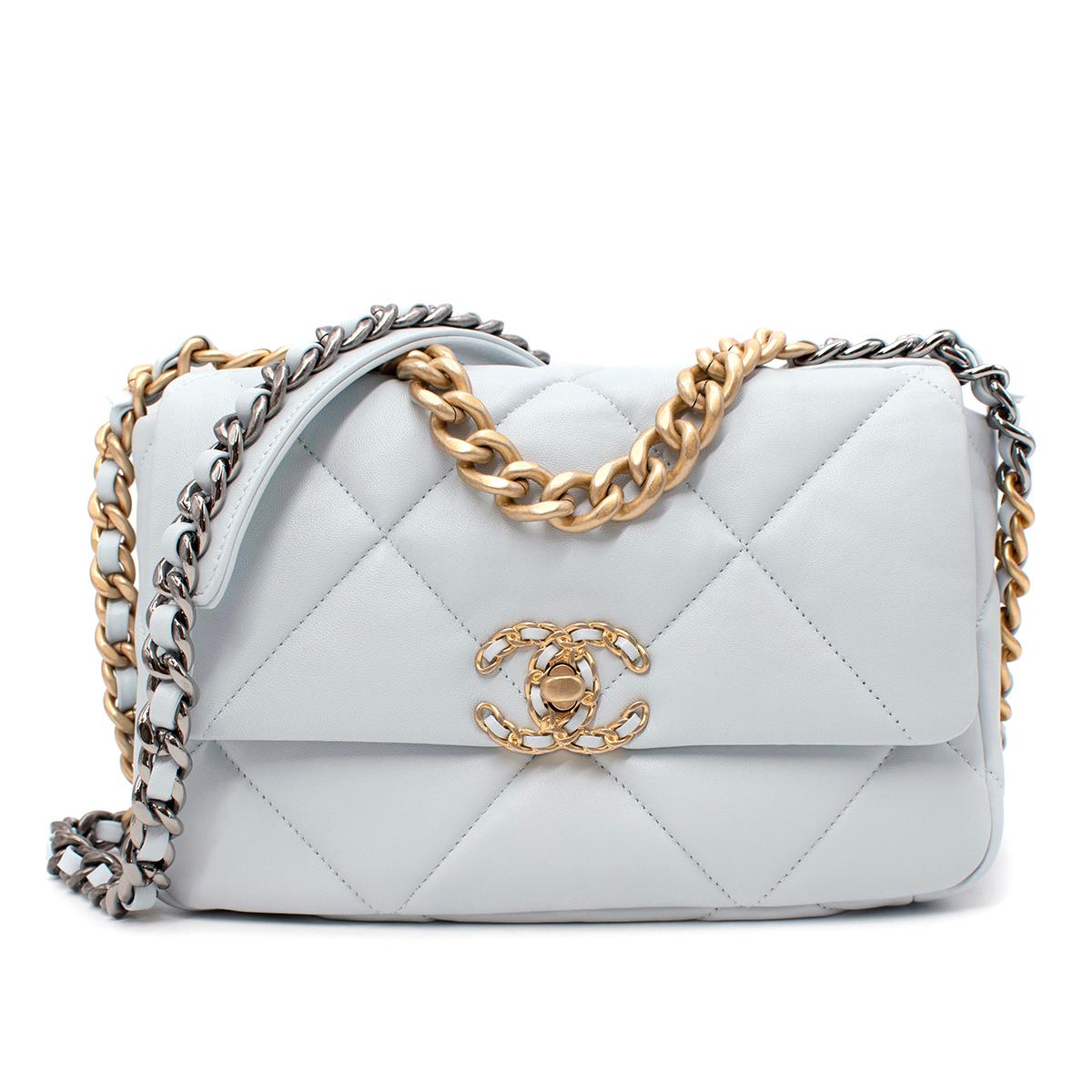 Chanel Powder Blue Quilted Leather Small 19 Shoulder Bag

- Stunning 2021 release in a light powder blue coloured leather, complemented by gold, silver & ruthenium-tone chain strap
- A refreshing update on the classic 2.55 bag, featuring a larger