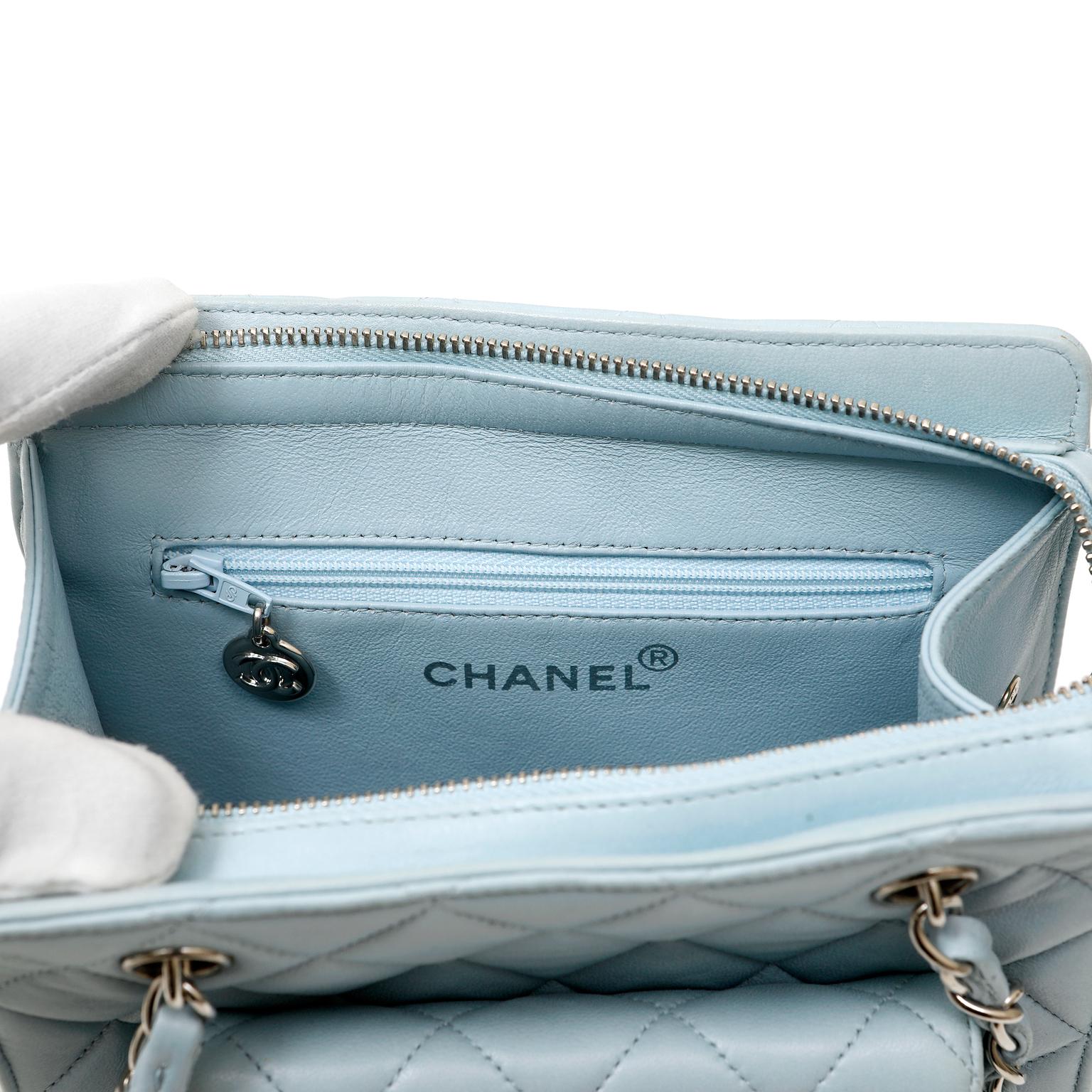 Chanel Powder Blue Quilted Leather Vintage Mini Tote In Good Condition In Palm Beach, FL