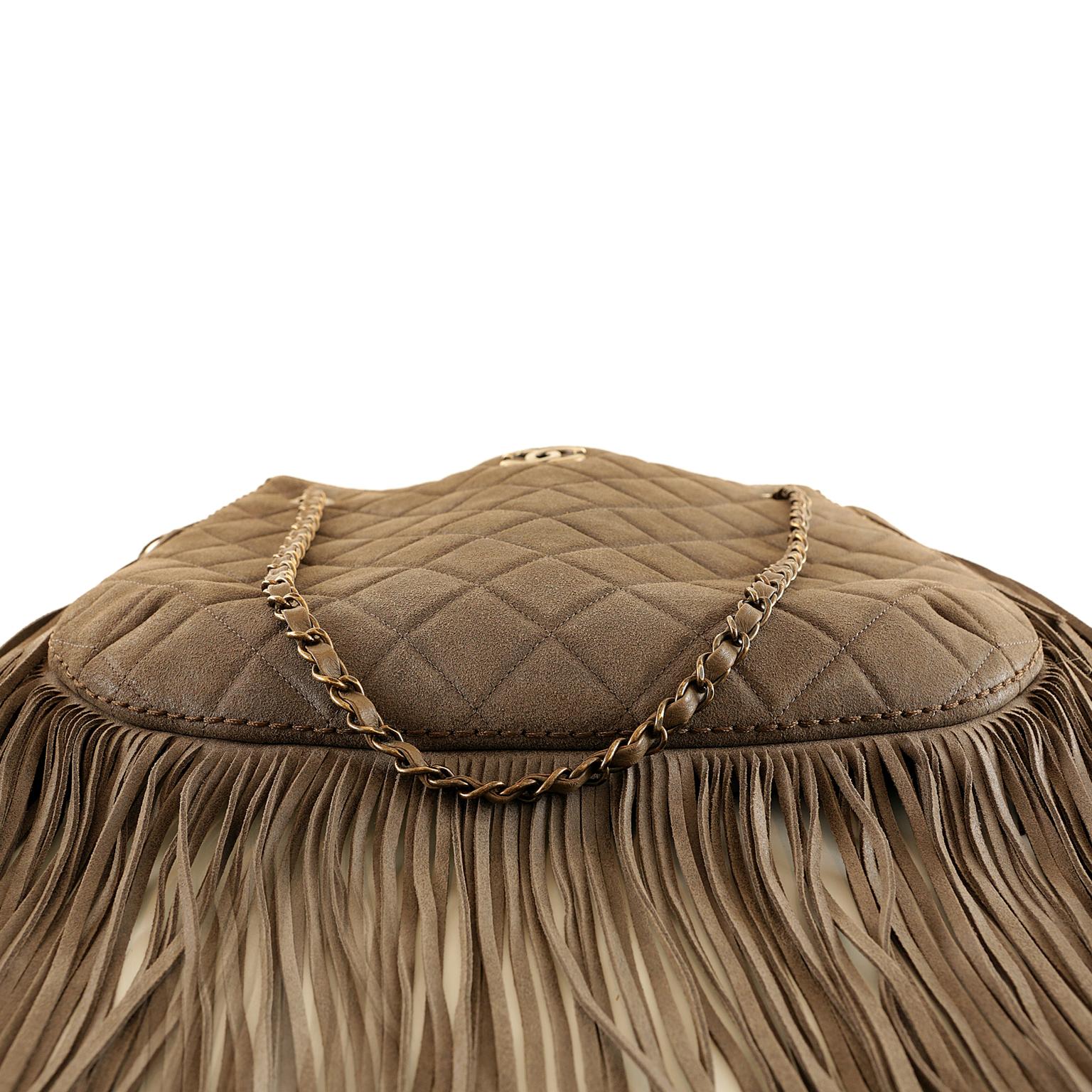 Brown Chanel Praline Distressed Leather Saddle Bag with Fringe