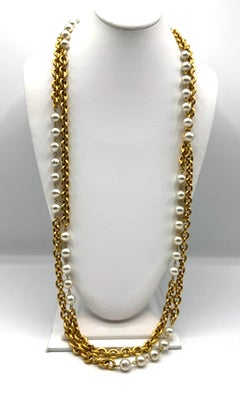 Chanel Pre 1986 Two Stand Gold Chain & Faux Pearl Long Necklace