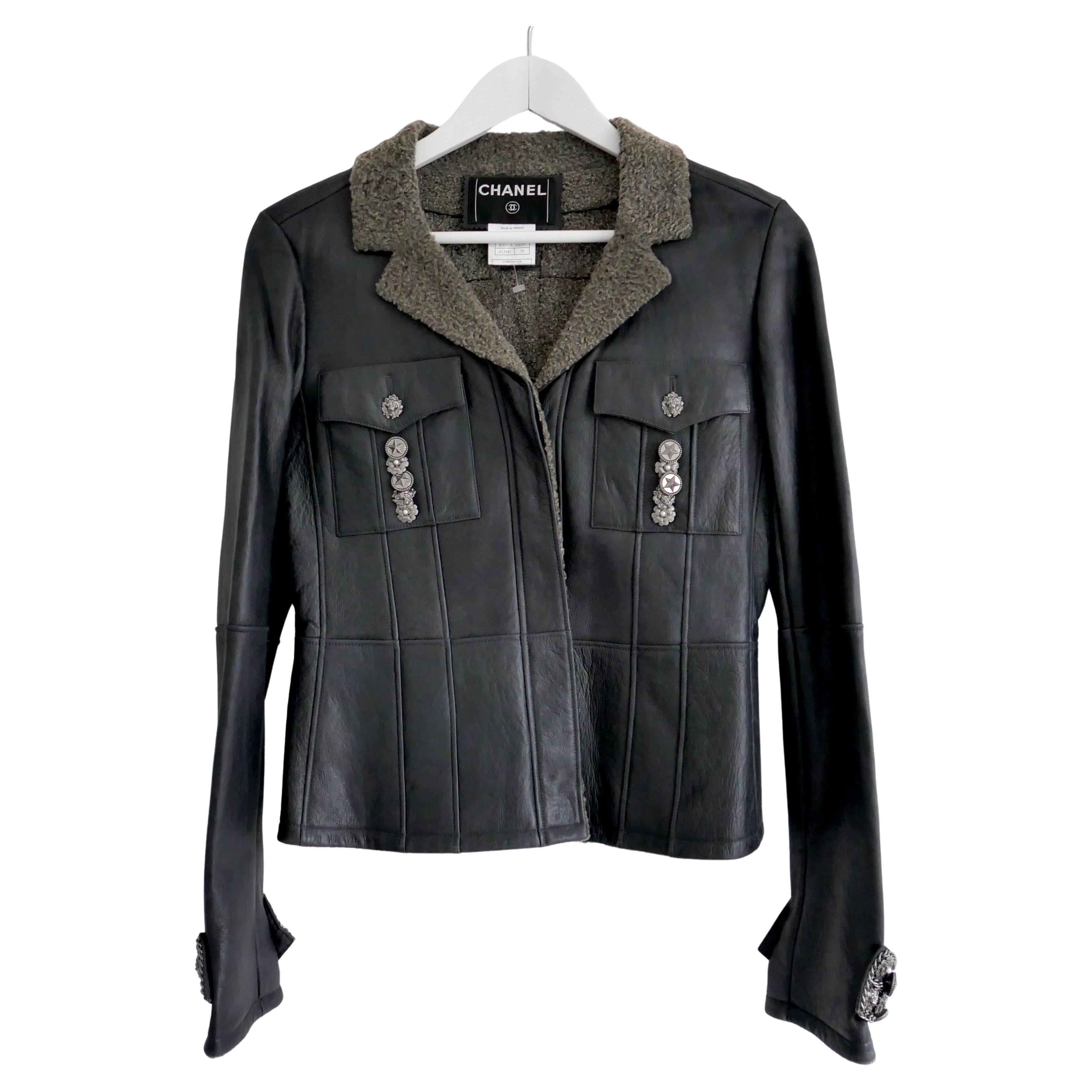 Chanel Pre-Fall 2007 Button Trim Leather 
Shearling Jacket For Sale