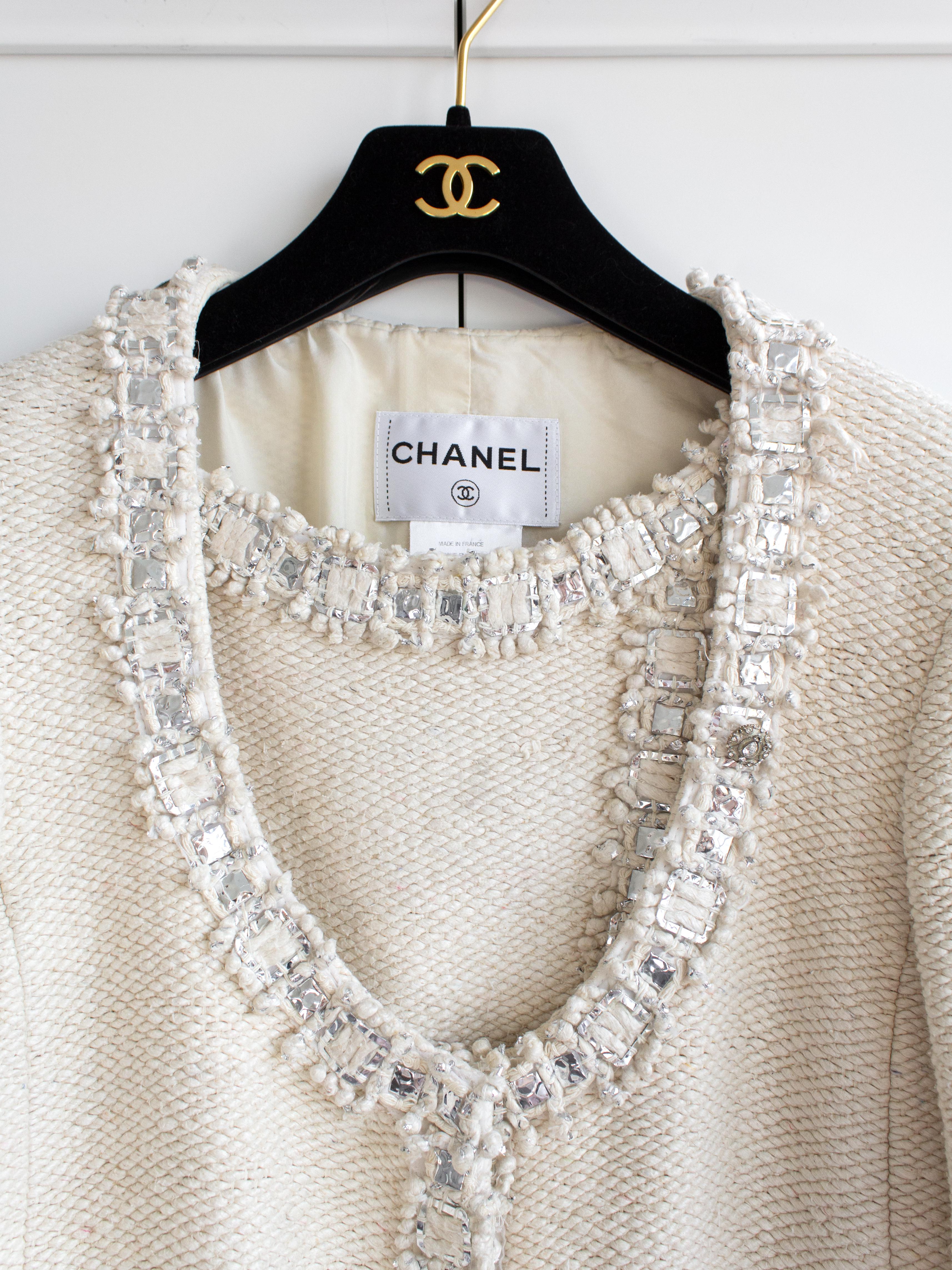 Chanel Pre-Fall 2012 Bombay Ecru Silber verschönerter Tweed 12A Jacke Rock Anzug 5