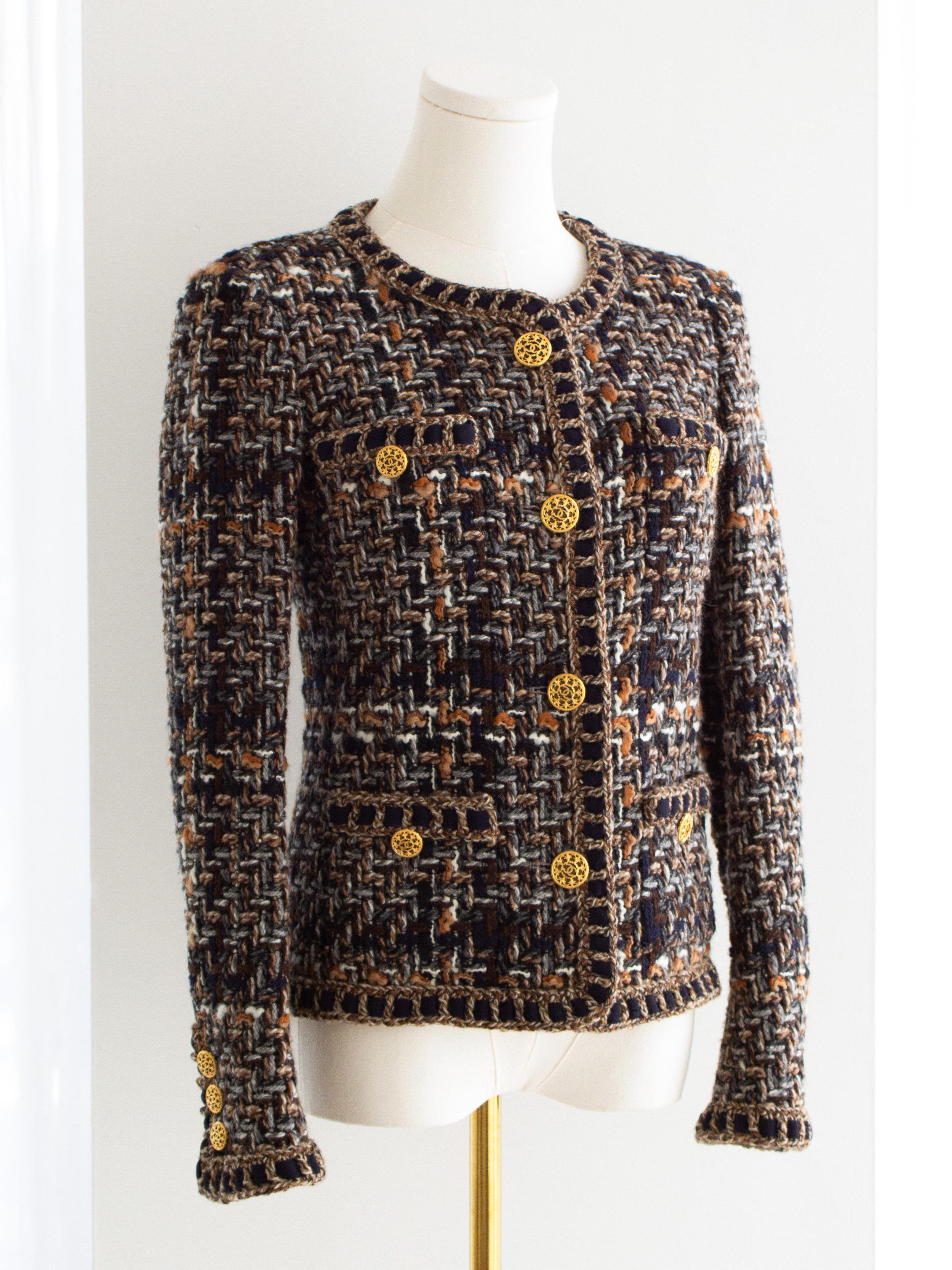 Chanel Pre-Fall 2016 Rome Brown Gold Fantasy Tweed 16A Jacket For Sale 2