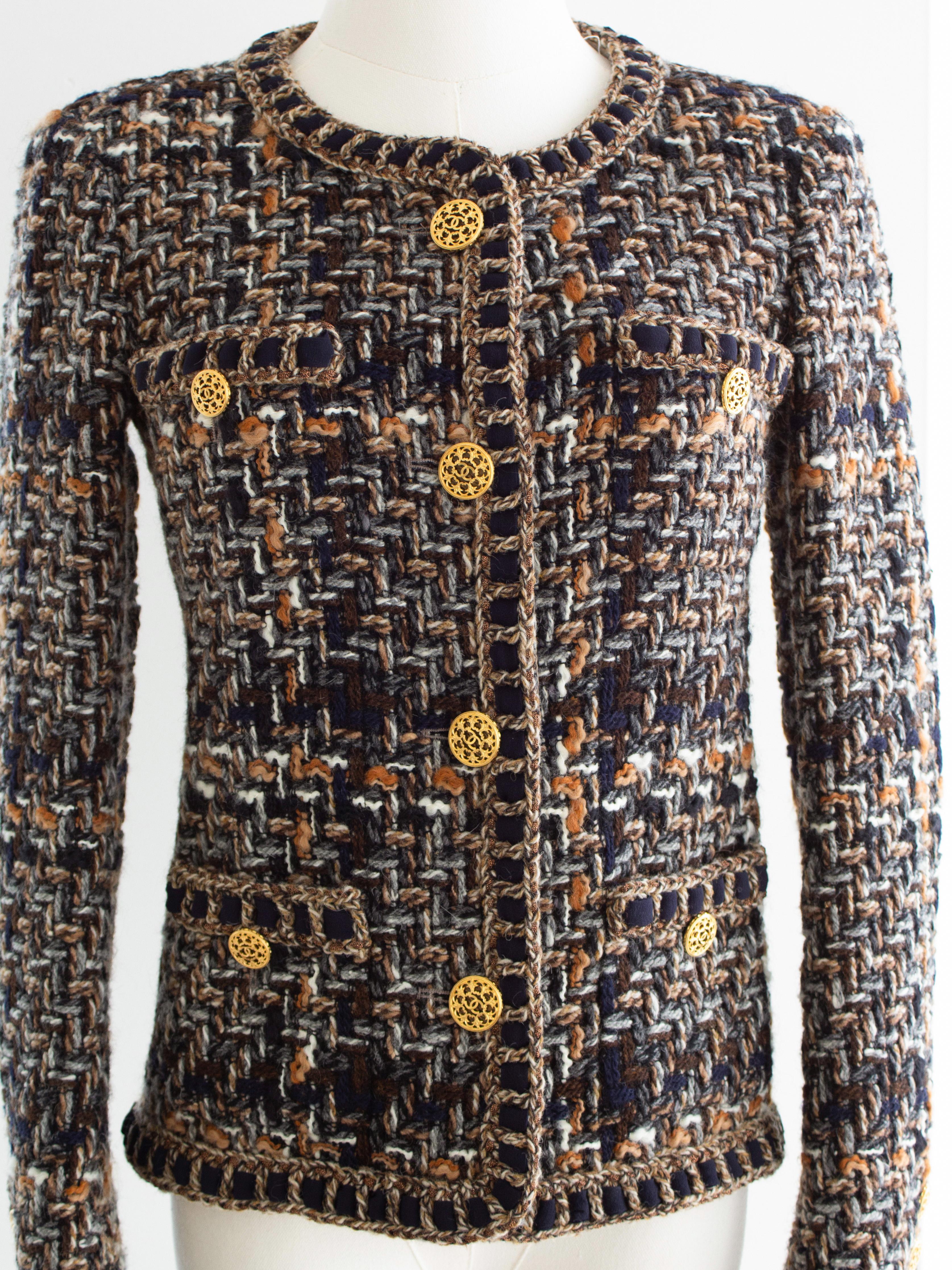 Chanel Pre-Fall 2016 Rome Brown Gold Fantasy Tweed 16A Jacket For Sale 4