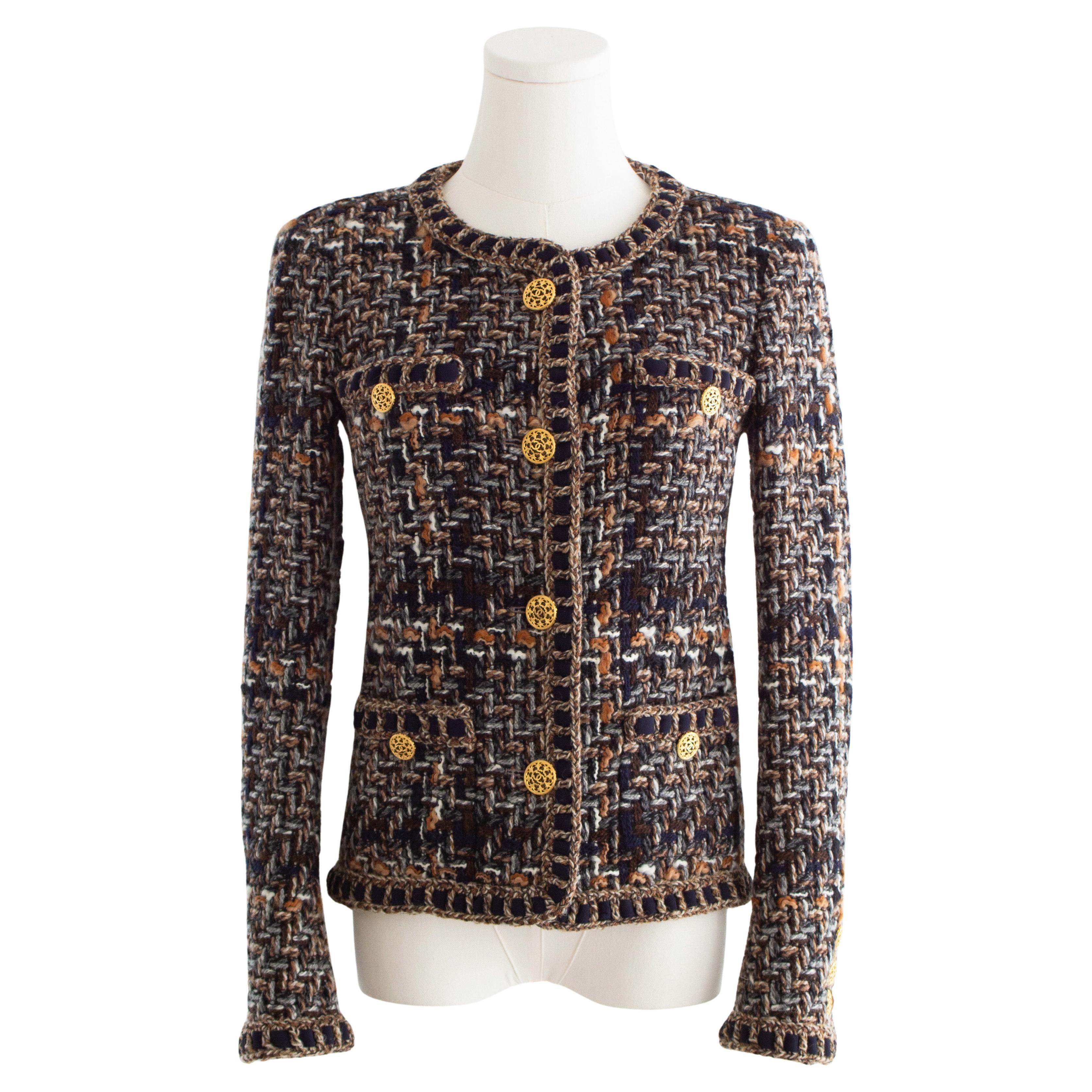 Chanel Pre-Fall 2016 Rome Brown Gold Fantasy Tweed 16A Jacket For Sale