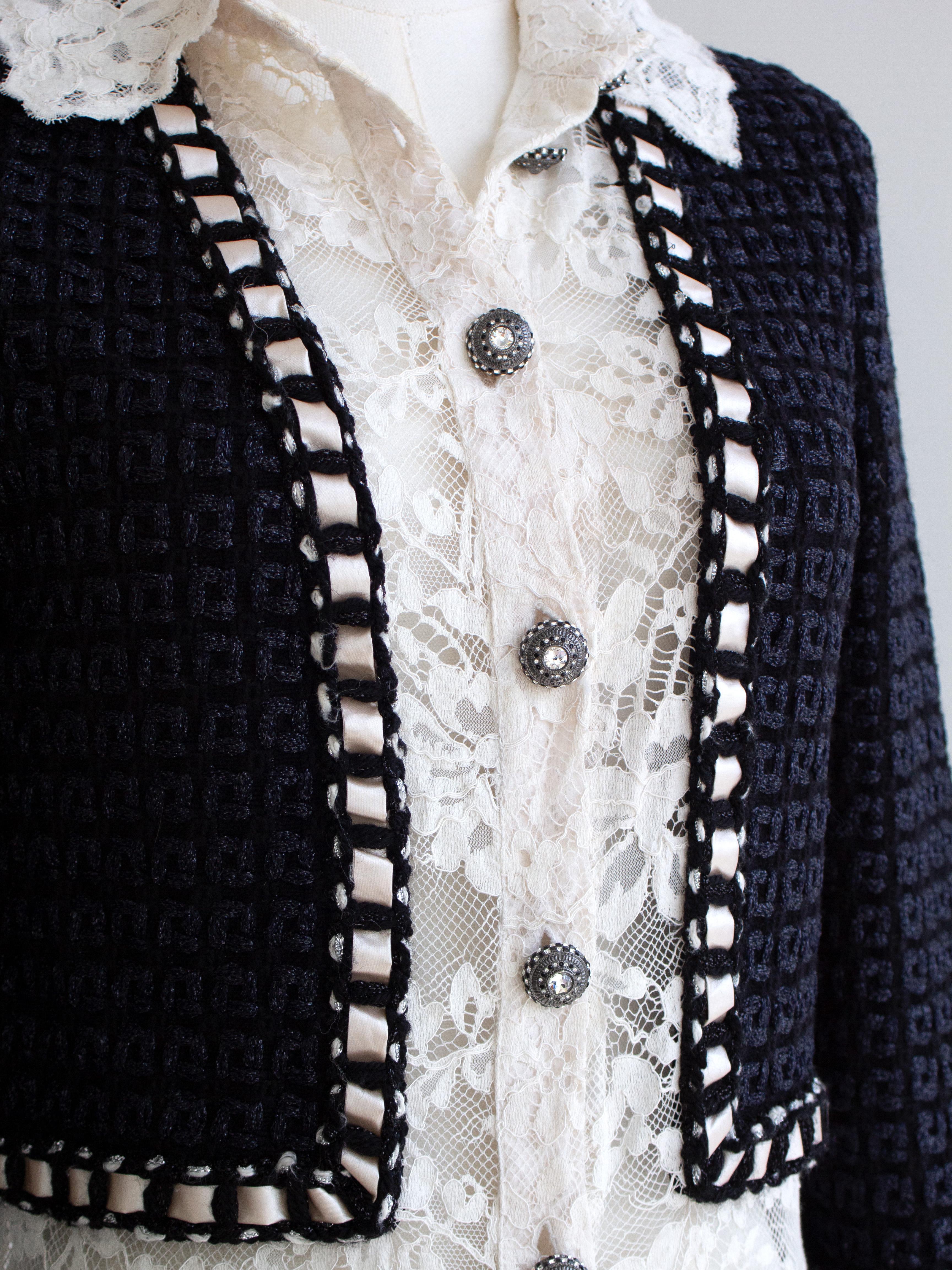Chanel Pre-Fall 2016 Rome Navy Blue Tweed White Lace 16A Dress 6