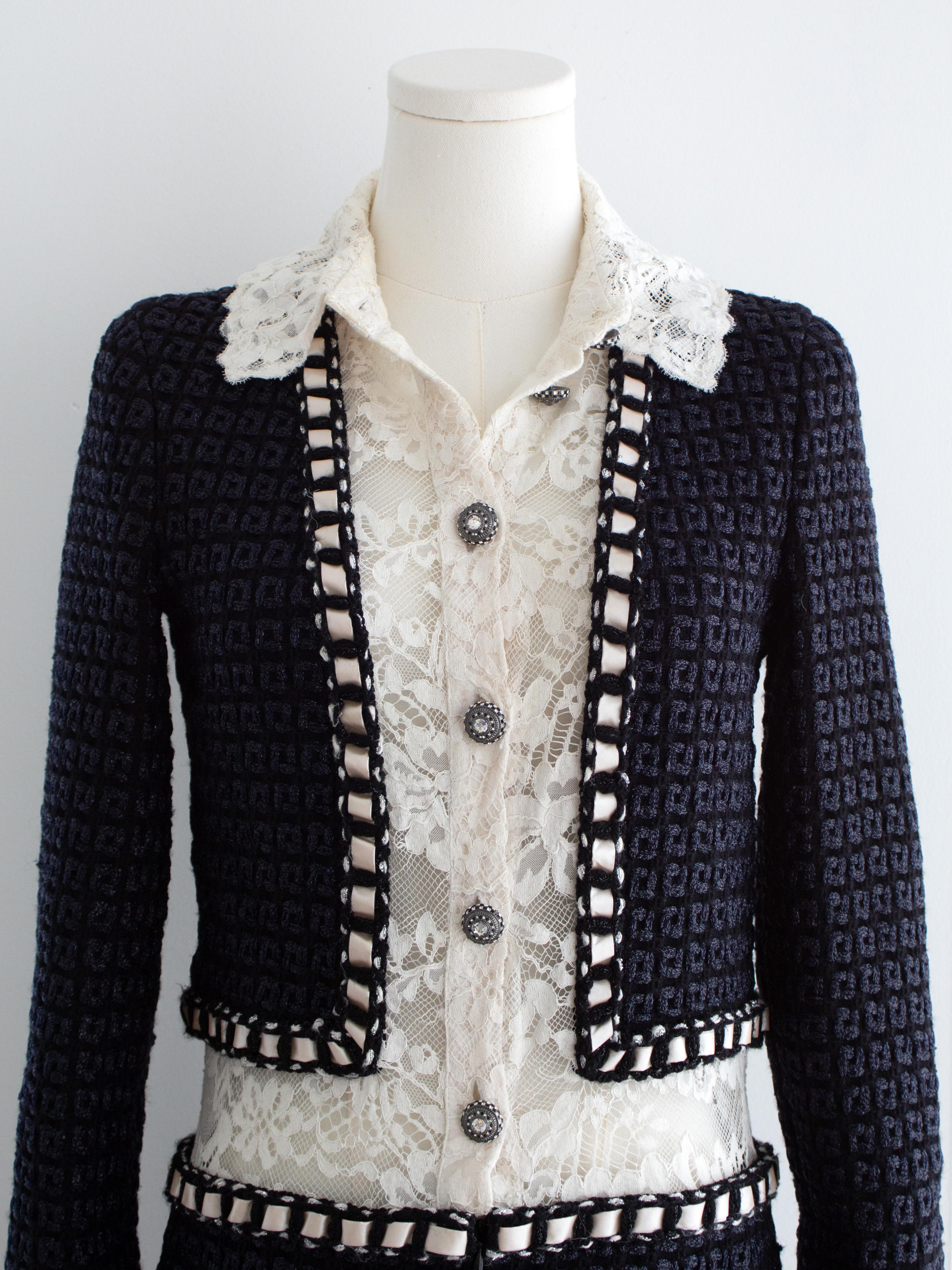 Chanel Pre-Fall 2016 Rome Navy Blue Tweed White Lace 16A Dress 1