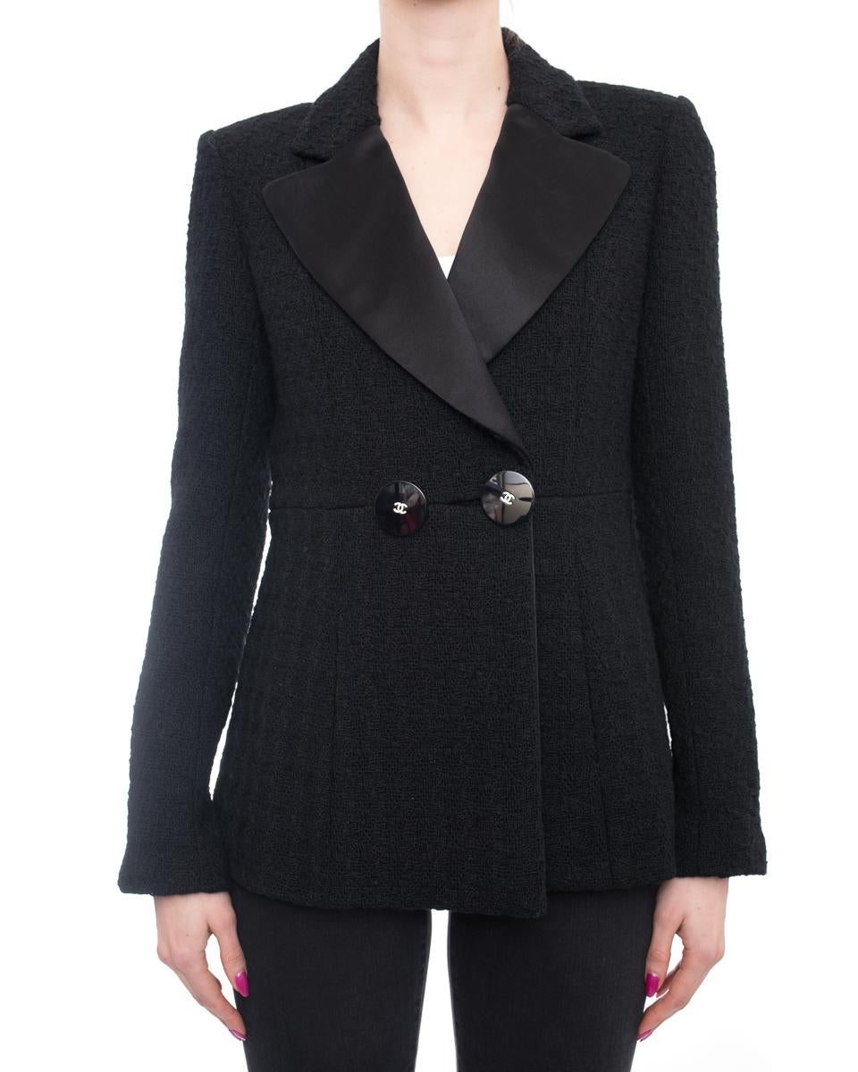 Chanel Pre-Fall 2017 Black Tweed Jacket with Satin Lapel / Rhinestone CC buttons In Excellent Condition In Toronto, ON