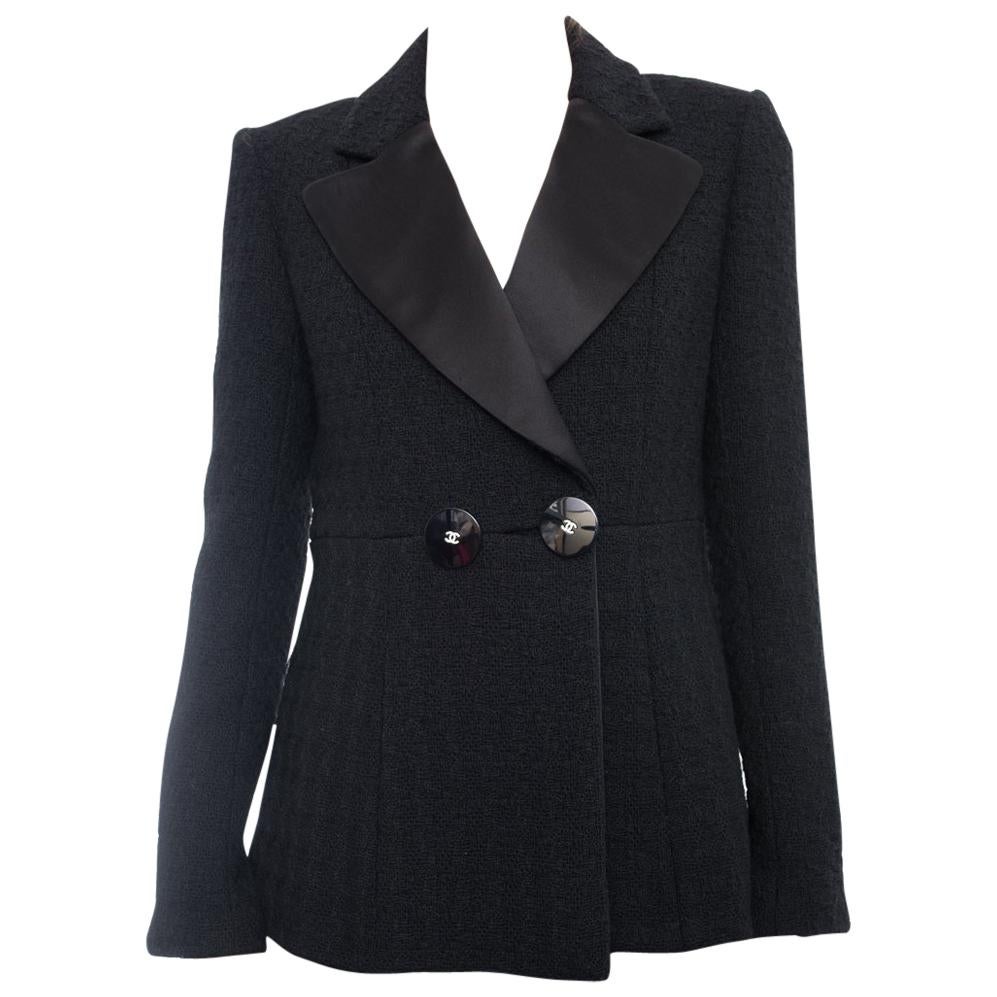 Chanel Pre-Fall 2017 Black Tweed Jacket with Satin Lapel / Rhinestone CC buttons
