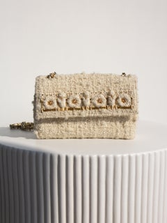 Chanel Pre-Fall 2017 Cosmopolite Ivory Tweed Flower Embellished Gold WOC Bag