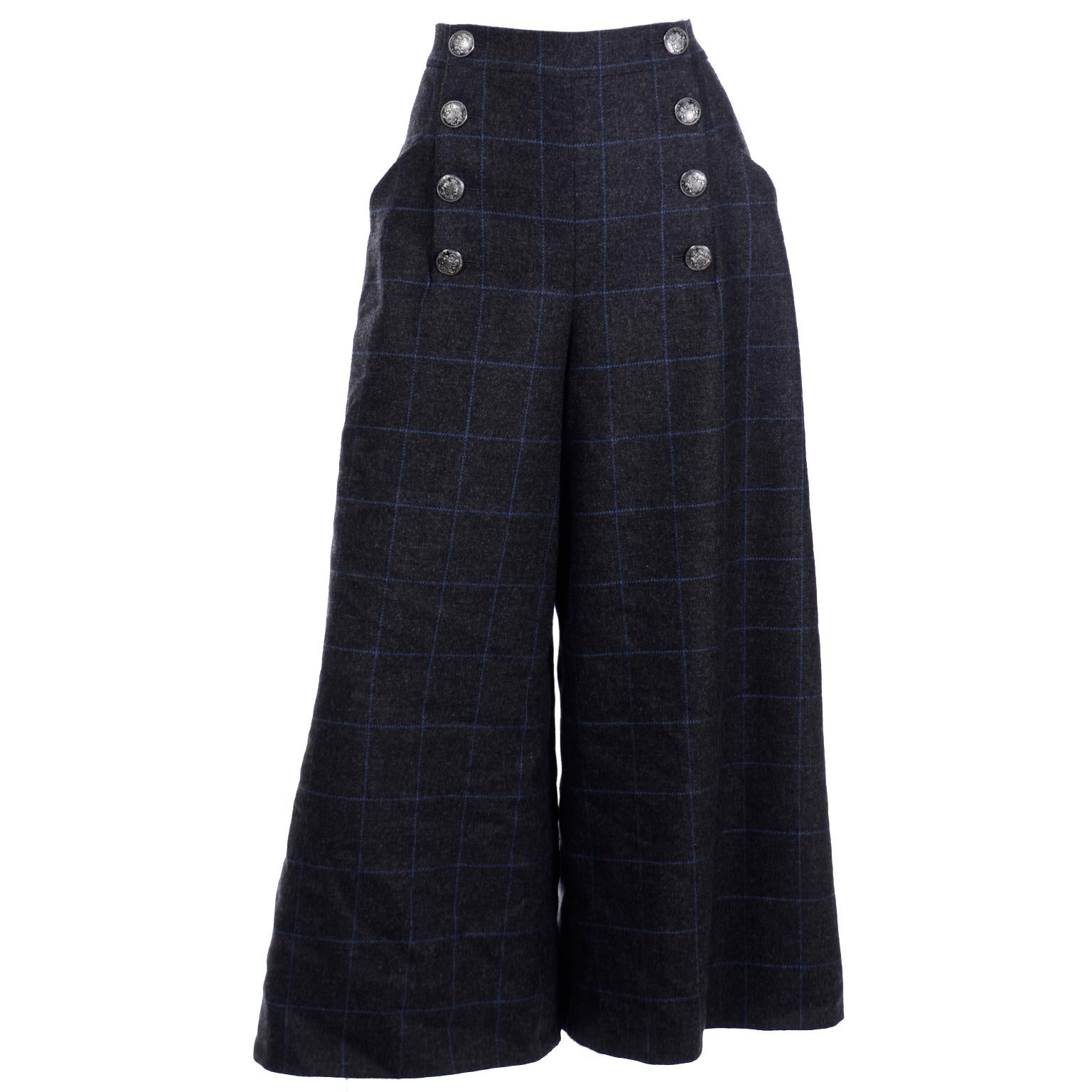 Chanel Pre-Fall 2018 New w Tags Grey & Blue Windowpane Wool Sailor Style Pants
