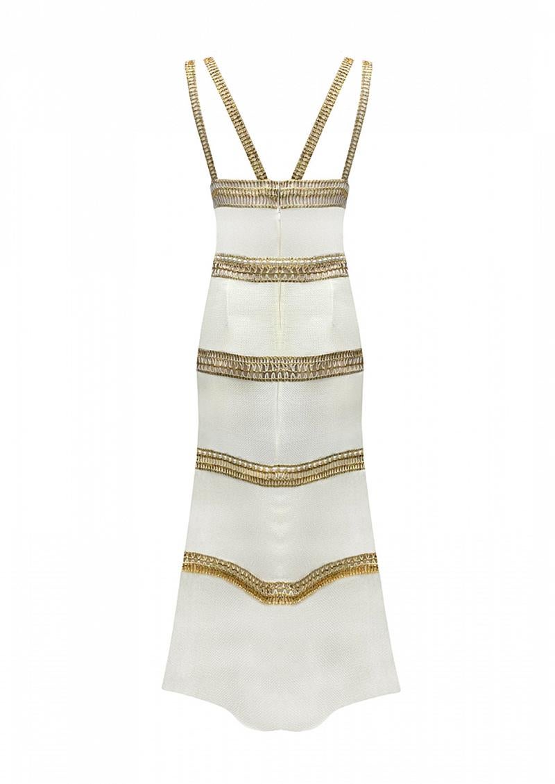 white dress with gold trim
