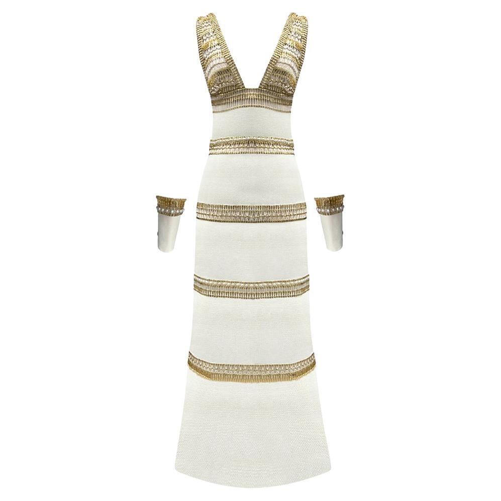 CHANEL PRE-FALL 2019 Collection WHITE LONG EGYPTIAN Dress with GOLD TRIM EU 36