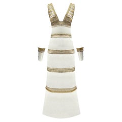 CHANEL PRE-FALL 2019 Collection WHITE LONG EGYPTIAN Dress with GOLD TRIM EU 36