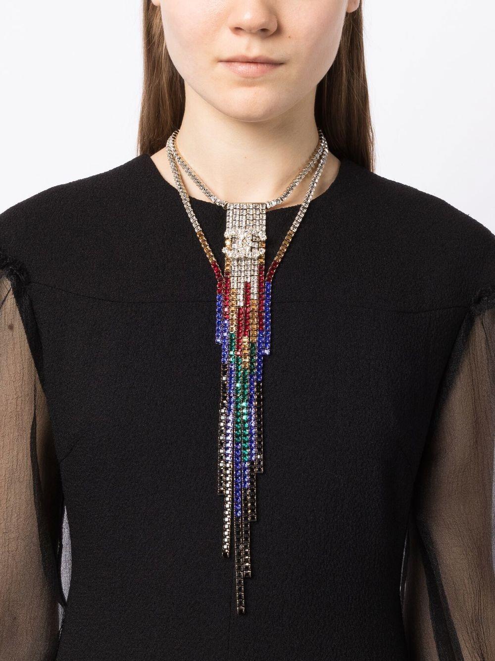 Set in the Temple of Dendur at the Metropolitan Museum of Art in New York City, the Chanel Pre-Fall 2019 runway was a chic mash-up of Ancient Egypt and New York. This rainbow drop statement necklace is artfully embellished with multicoloured