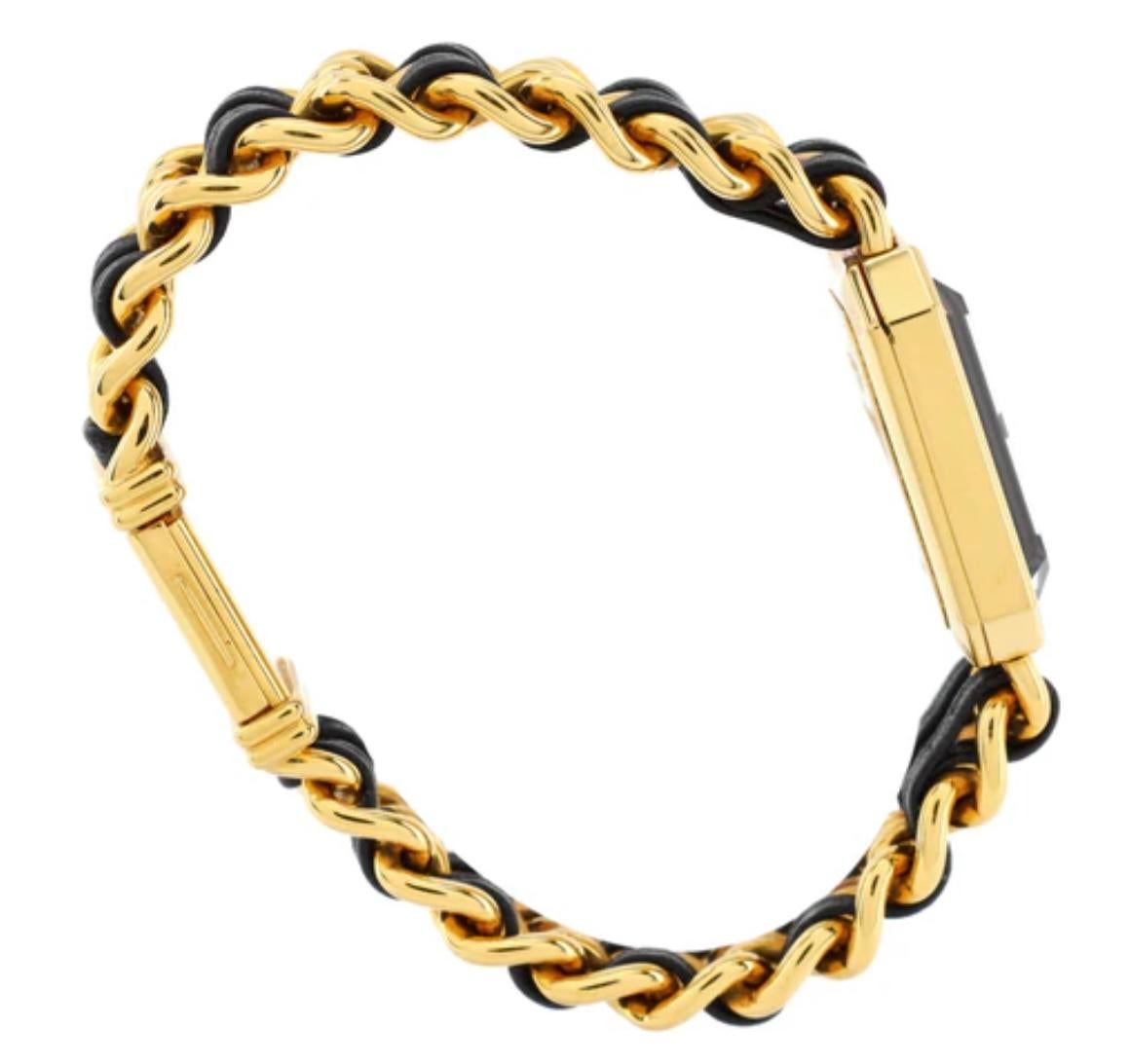 Brand: Chanel 

Model Name: Premier 

Movement: quartz

Case Size: 20 x 26 mm

Case Back: Solid 

Case Material: Gold Plated

Bezel: Gold Plated

Dial:Black Laquered 

Bracelet: Gold Plated Bracelet w Leather 

Hour Markers: No Hour Markers