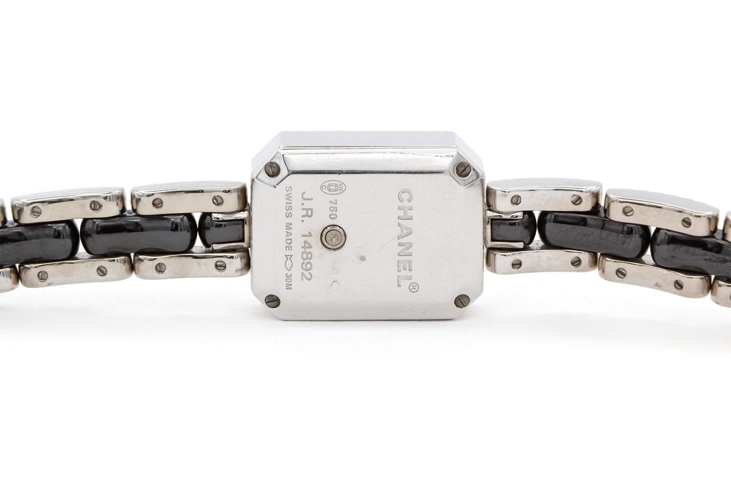 Contemporary Chanel Premiere 18k White Diamond & Black Ceramic Quartz Watch H2147 For Sale