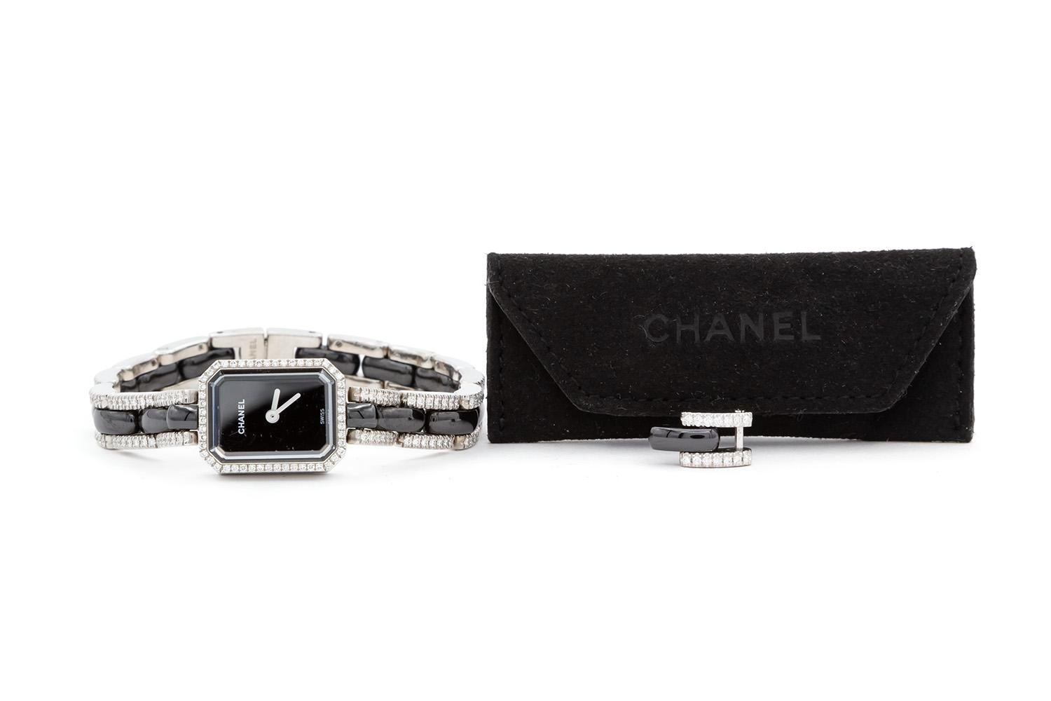 Chanel Premiere 18k White Diamond & Black Ceramic Quartz Watch H2147 In Excellent Condition For Sale In Tustin, CA