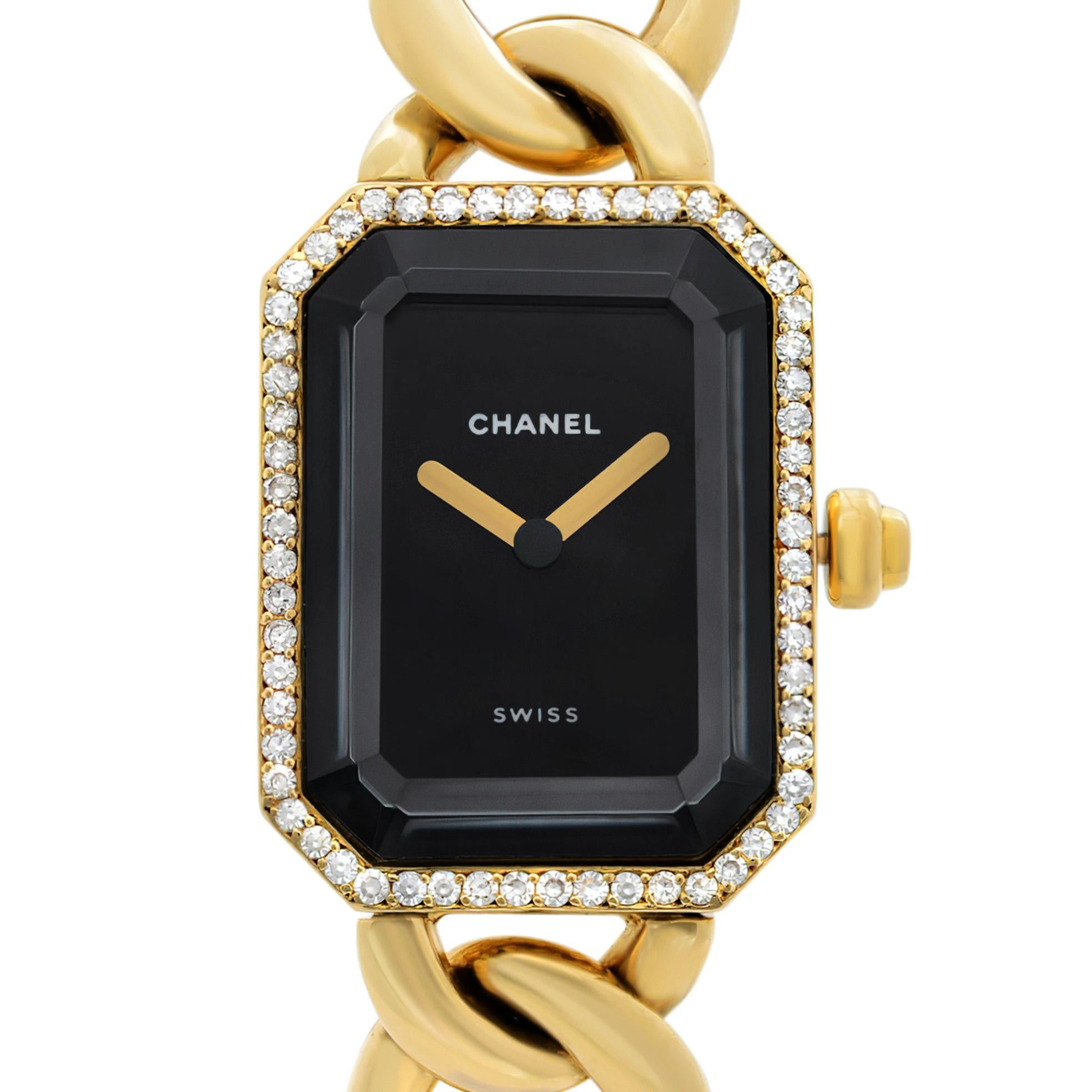 Display Model Chanel H3258 Premiere 18k Yellow Gold Diamond Black Dial Quartz Ladies Watch. This Beautiful Timepiece Features: 18k Yellow Gold Case with an 18k Yellow Gold Bracelet, Fixed Diamonds Bezel, Black Lacquered Dial with Gold-Tone Hands. No