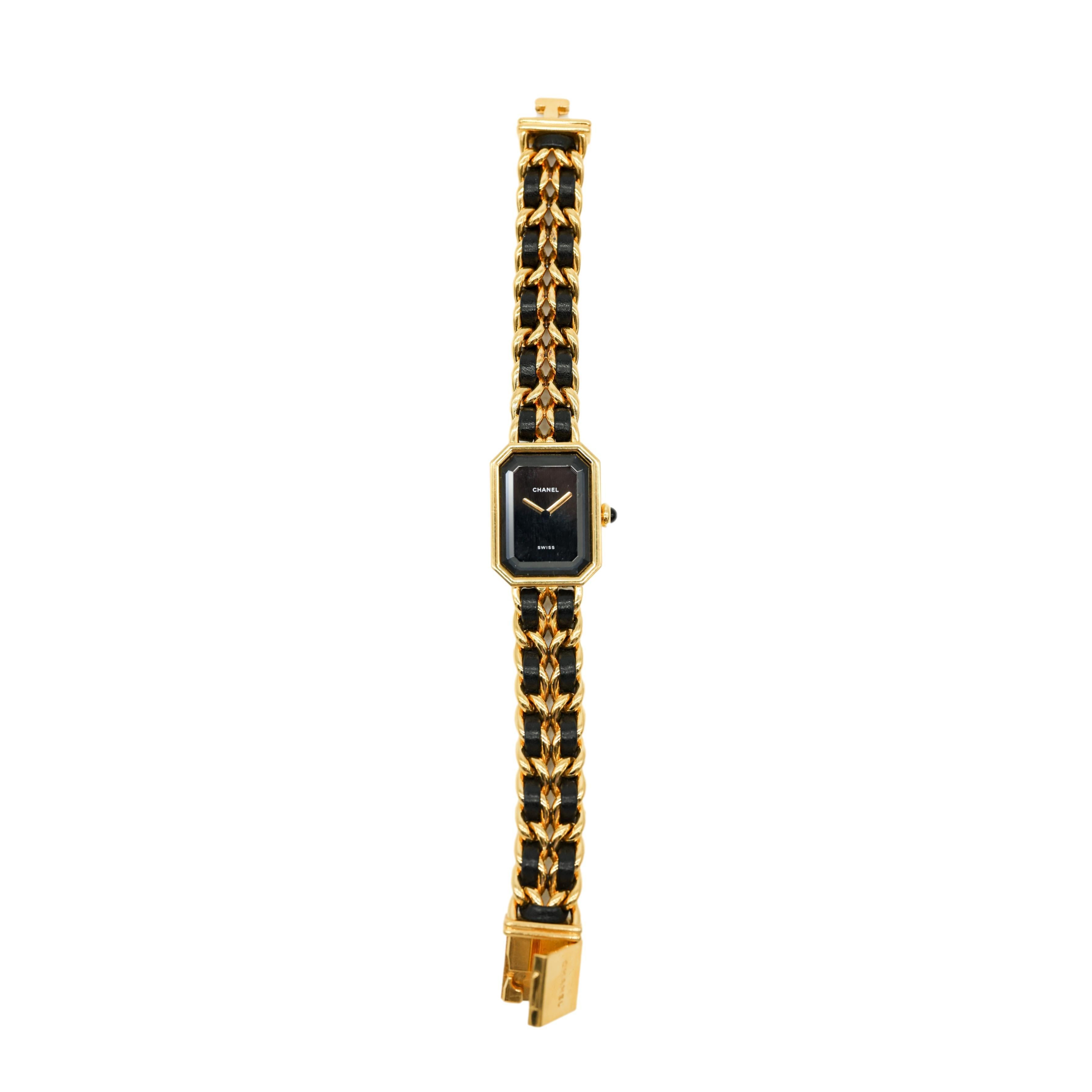 Octagon Cut Chanel Premiere Black Lambskin Gold Mademoiselle Chain Link Quartz Wrist Watch