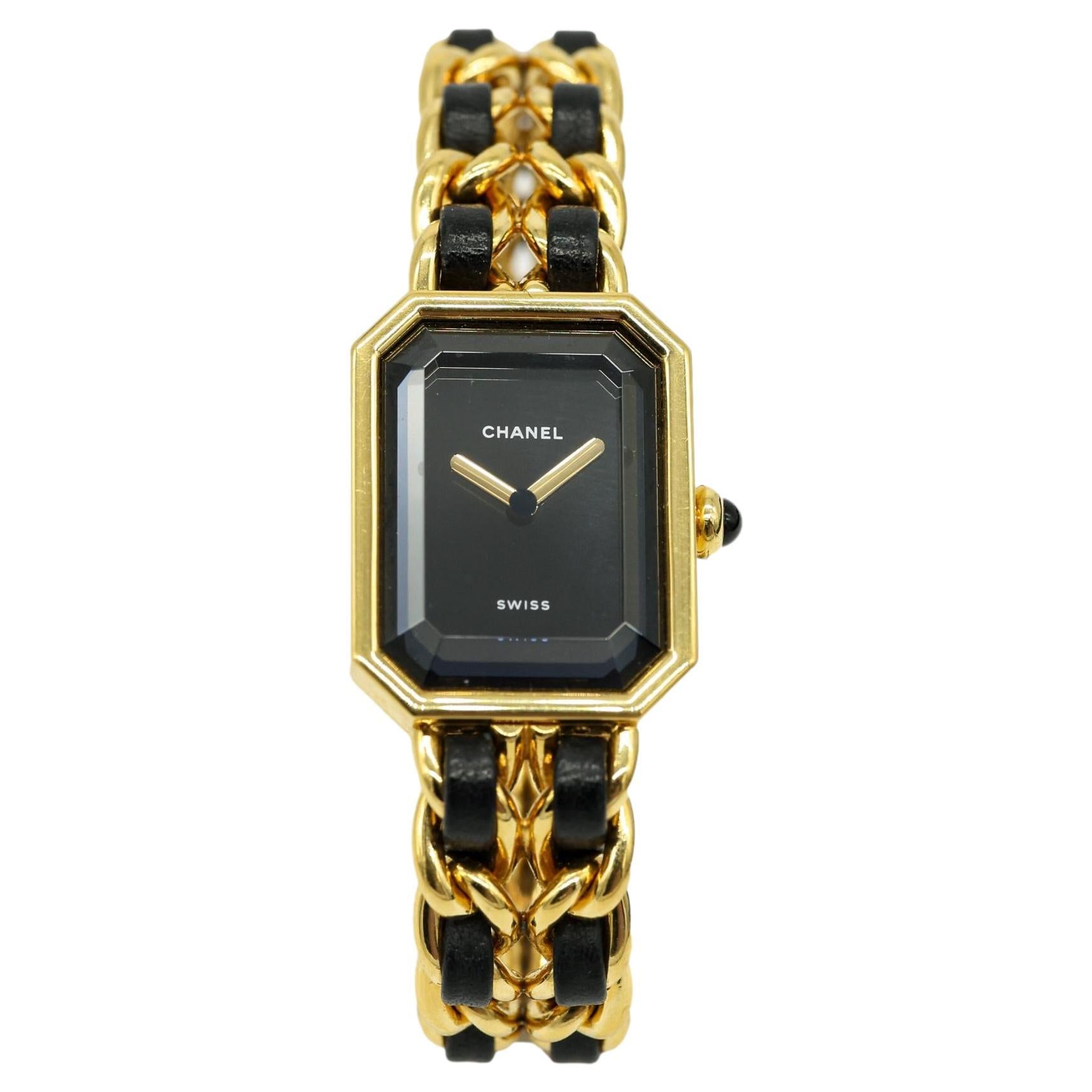 Chanel Premiere Black Lambskin Gold Mademoiselle Chain Link Quartz Wrist Watch