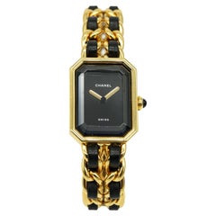 Vintage Chanel Premiere Black Lambskin Gold Mademoiselle Chain Link Quartz Wrist Watch