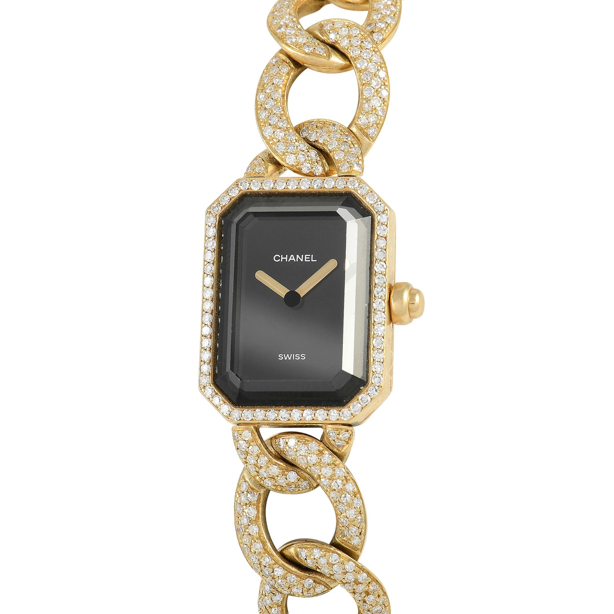 This Chanel Première Watch, reference number H0114, features a 18K Yellow Gold case that measures  20mm x 26mm. The case is presented on a matching 18K Yellow Gold with deployment clasp and features a solid case back engraved with the Chanel brand.