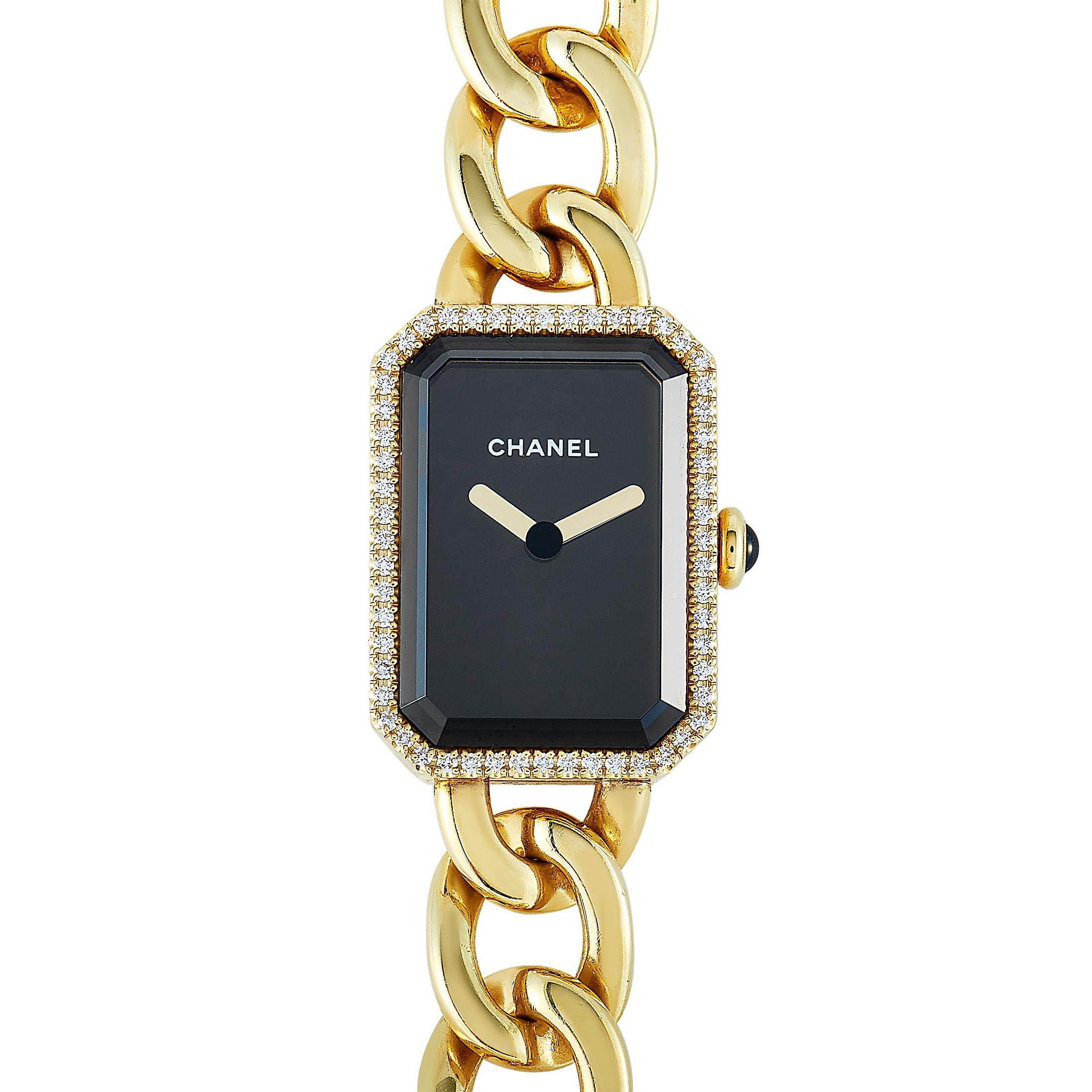 The Chanel Première Chaîne watch, reference number H3258, is a member of the exceptional “Première” collection.

It is presented with a diamond-embellished 18K yellow gold case that measures 22 by 16 mm (set with 56 brilliant-cut diamonds totaling