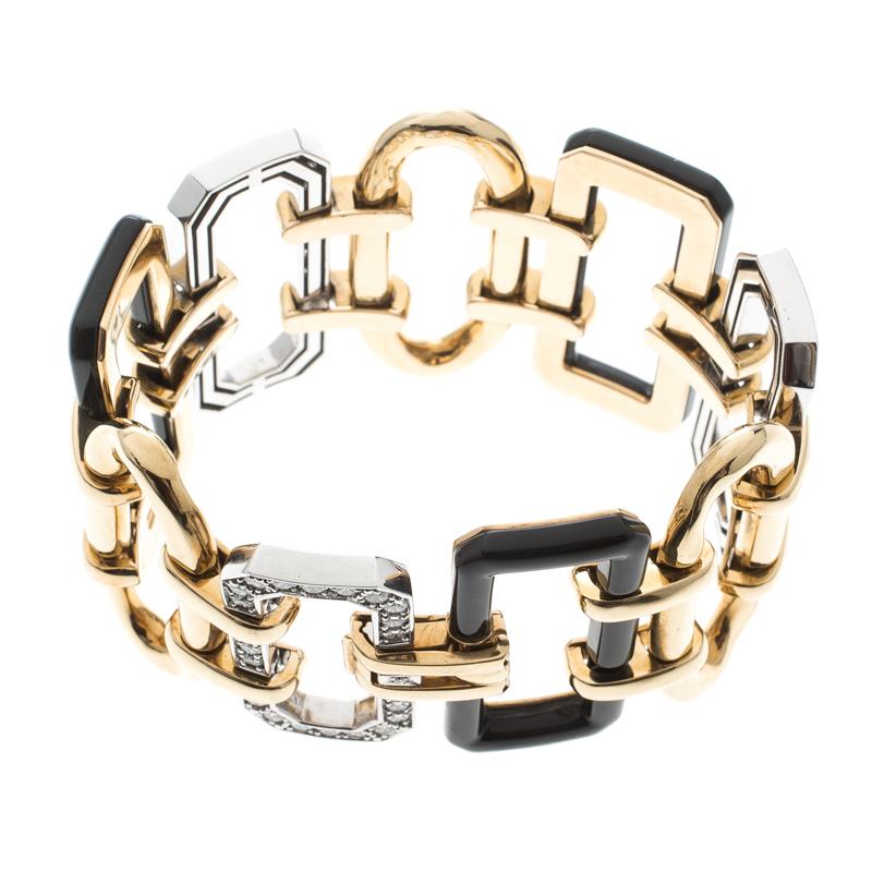 Chanel Première Diamond Onyx & 18K Yellow Gold Chain Link Bracelet In Good Condition In Dubai, Al Qouz 2