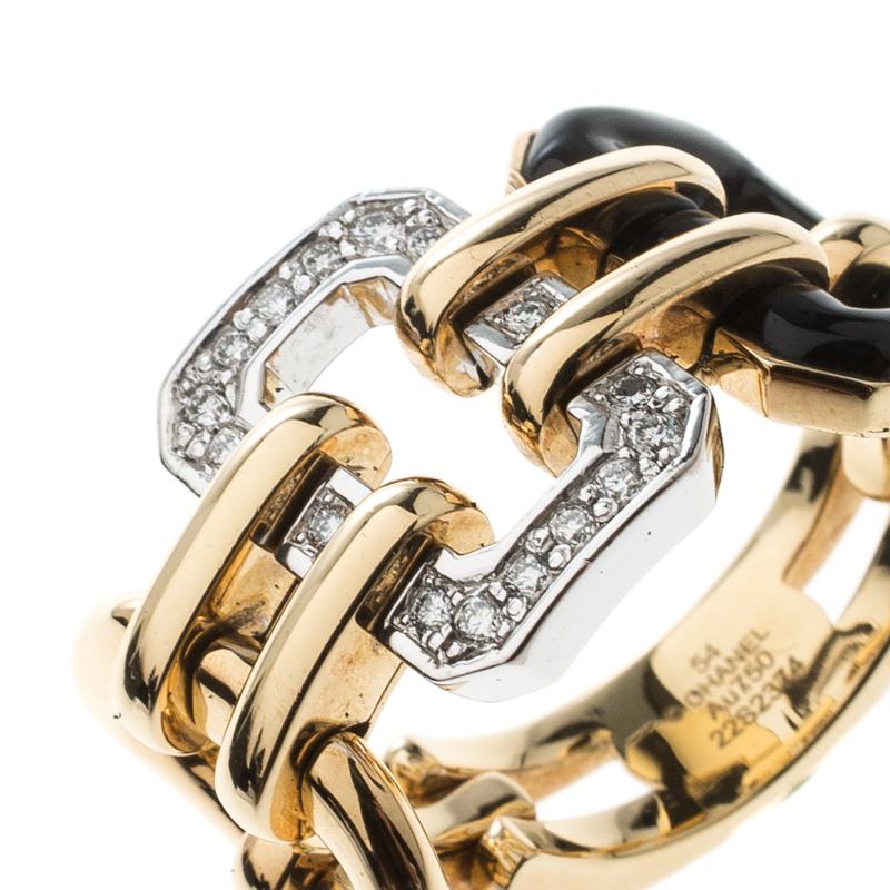 Chanel Première Diamond Onyx & 18K Yellow Gold Chain Link Ring Size 54 (Zeitgenössisch)