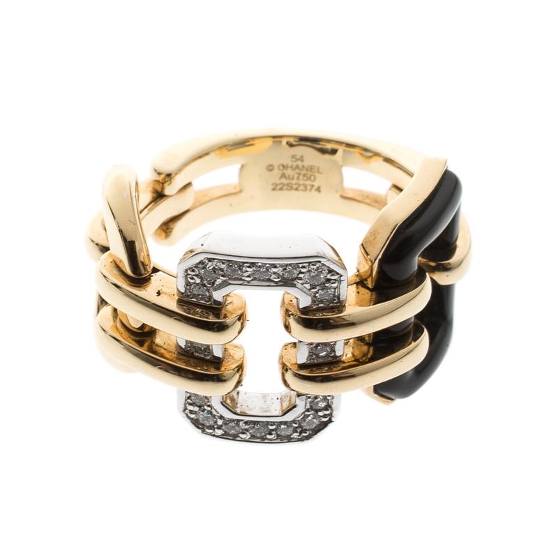 Chanel Première Diamond Onyx & 18K Yellow Gold Chain Link Ring Size 54 2