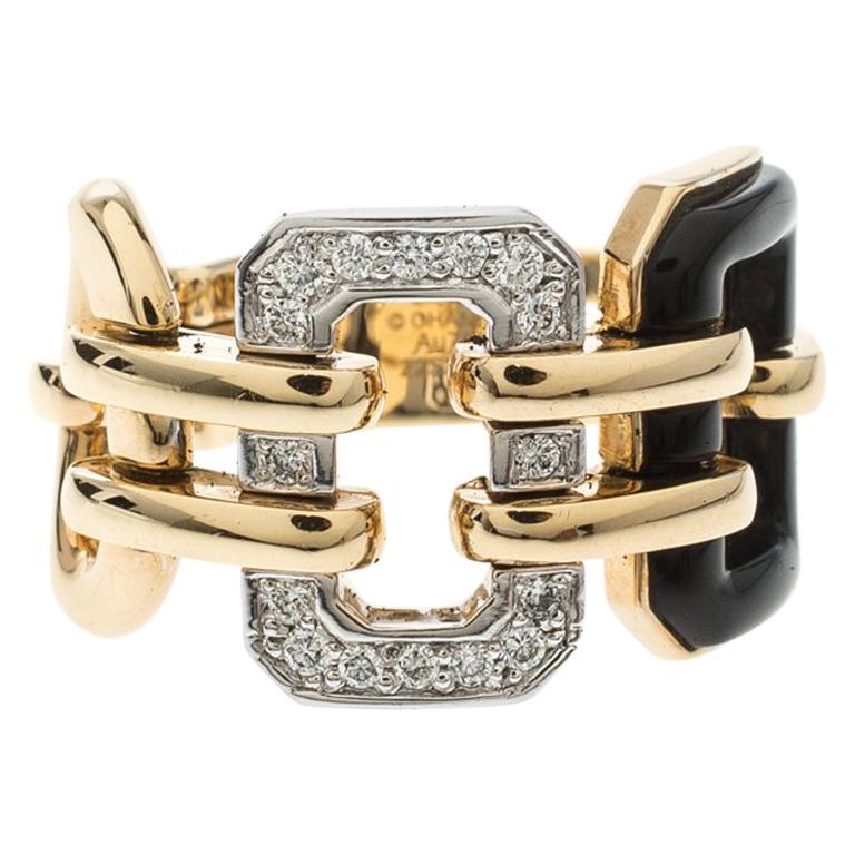 Chanel Première Diamond Onyx & 18K Yellow Gold Chain Link Ring Size 54